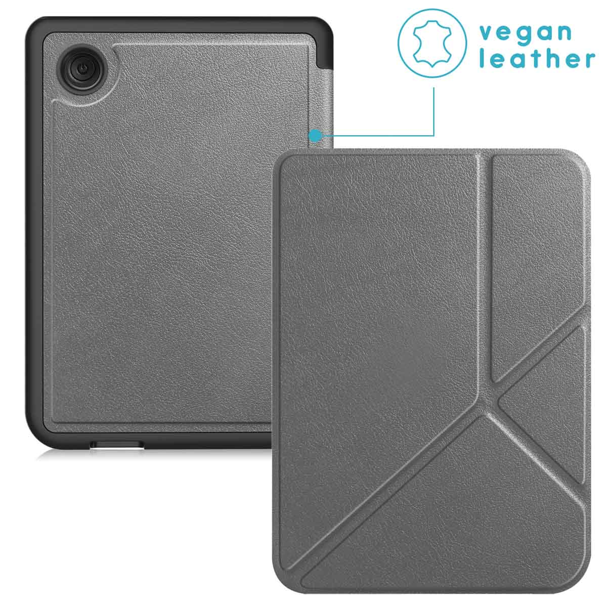 Grijze tablet met hoes, toont het scherm en de achterkant met camera en 'vegan leather' label.
