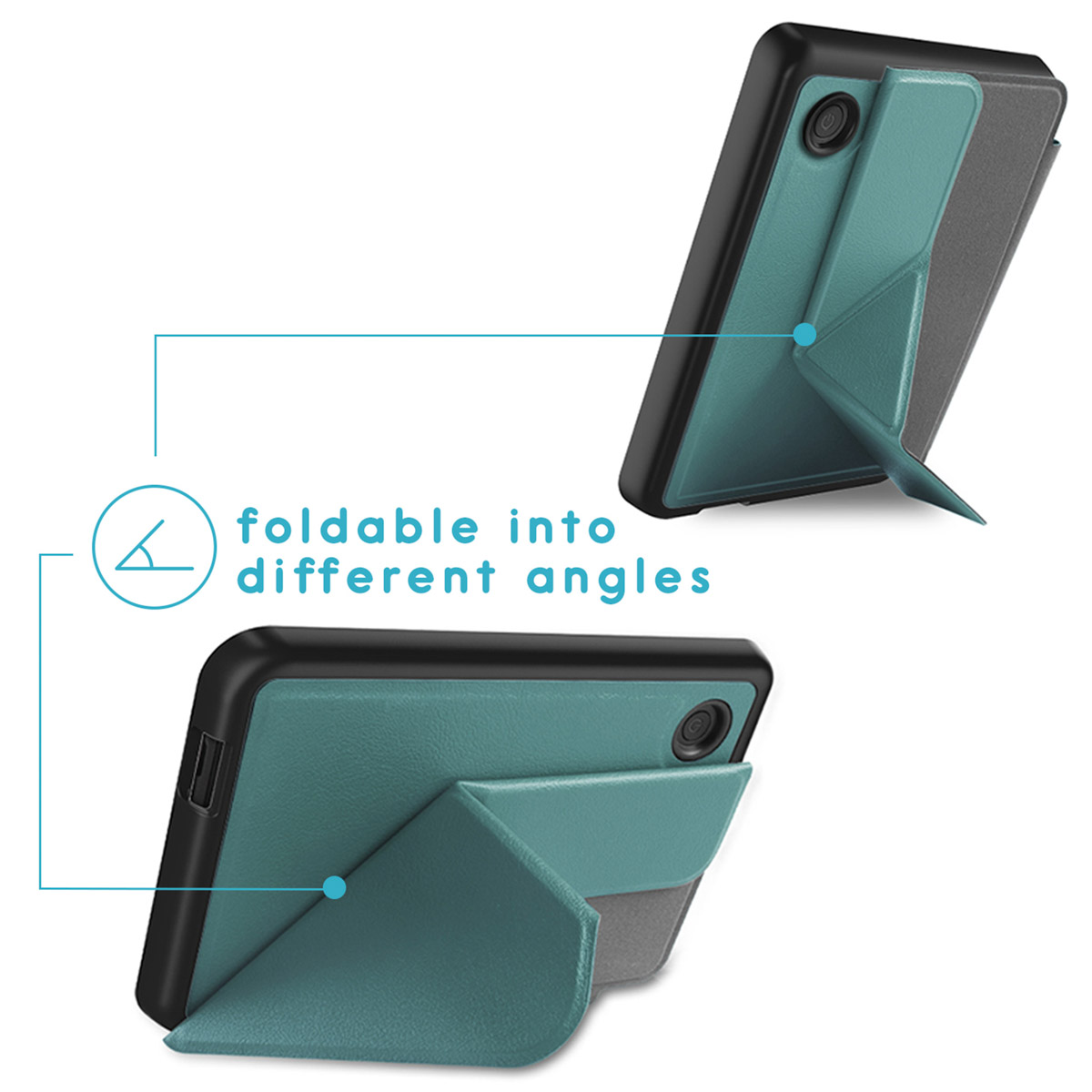 Étui de tablette en deux positions. La couverture turquoise se plie pour différents angles. Cadre noir. Texte : pliable en différents angles.