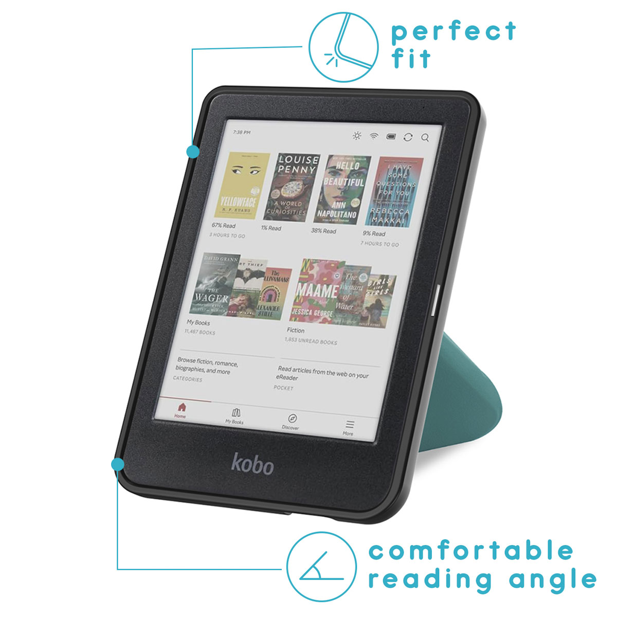 Un lecteur Kobo affiche des couvertures de livres. Il est dans un étui noir avec un support turquoise. Le texte indique un angle de lecture confortable.