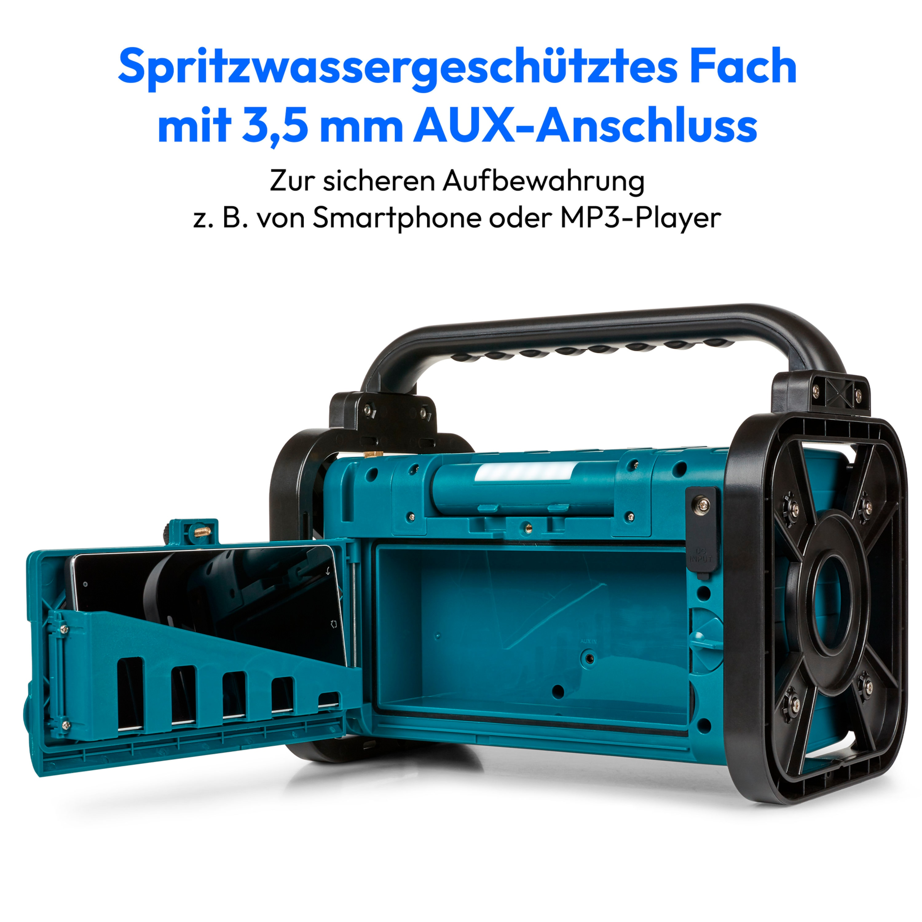 Turkusowy i czarny przenośny głośnik z otwartą komorą trzymającą telefon. Biały tekst na górze.