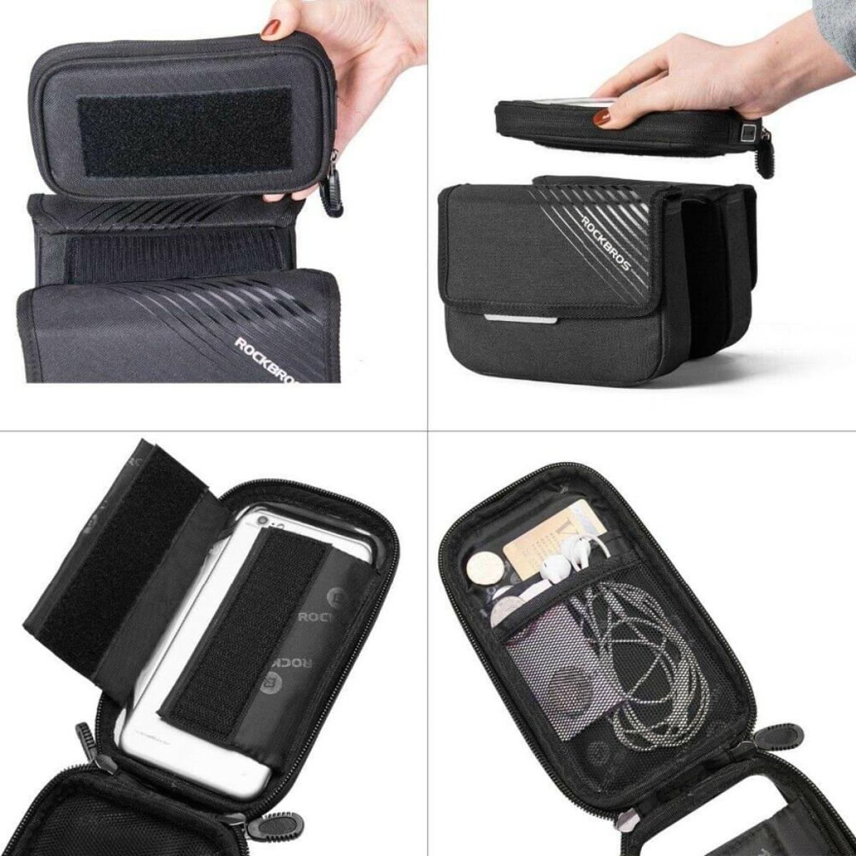 Schwarze und schwarze Telefontasche mit mehreren Fächern und eine Hand, die die Tasche hält.