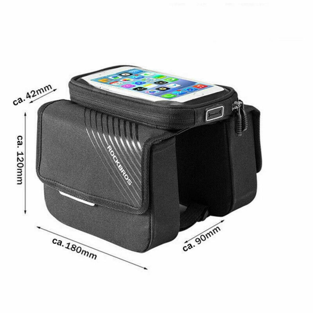 Eine schwarze ROCKBROS-Tasche, die an einem Fahrrad befestigt ist. Sie hat oben einen Telefonhalter. Abmessungen sind angegeben.