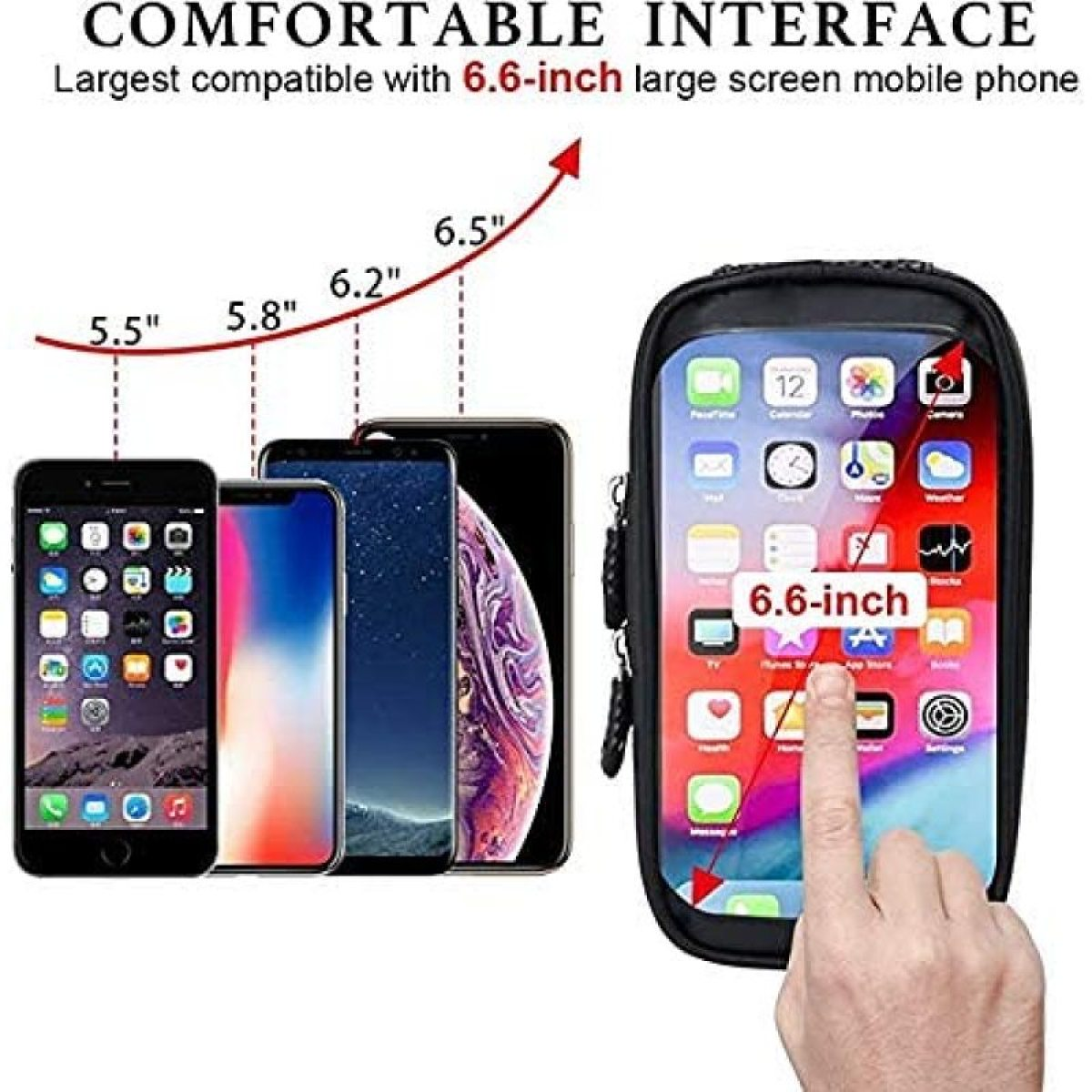 Das Bild zeigt Größenvergleiche von Telefonen. Ein Telefon befindet sich in einer Hülle, ein Finger zeigt auf den Bildschirm.