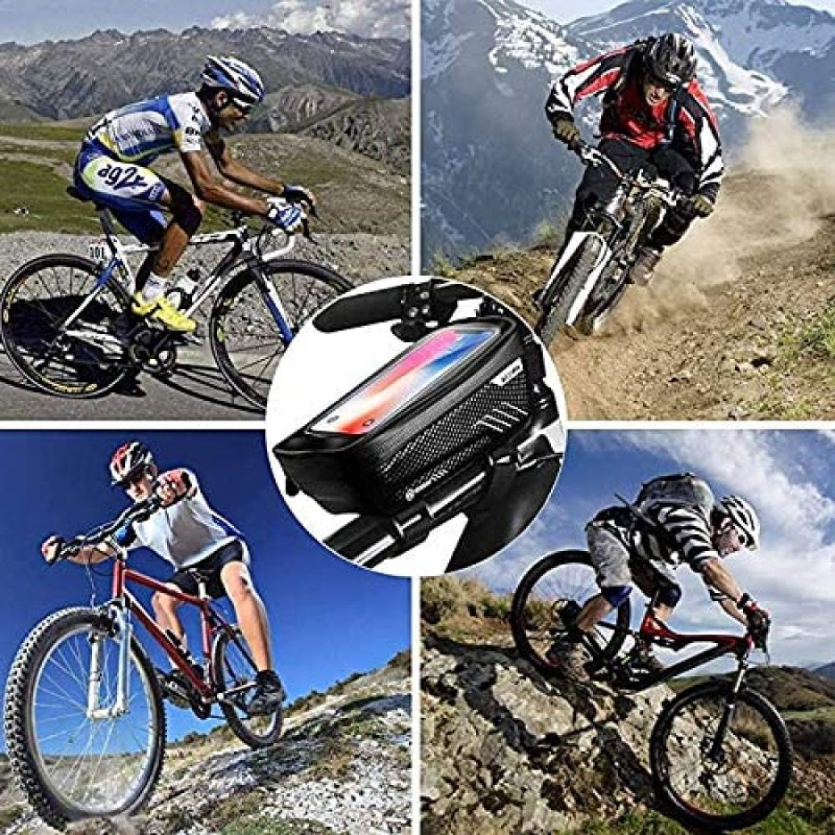 Mehrere Bilder von Radfahrern in verschiedenen Terrains mit einer am Lenker montierten Fahrradtasche.