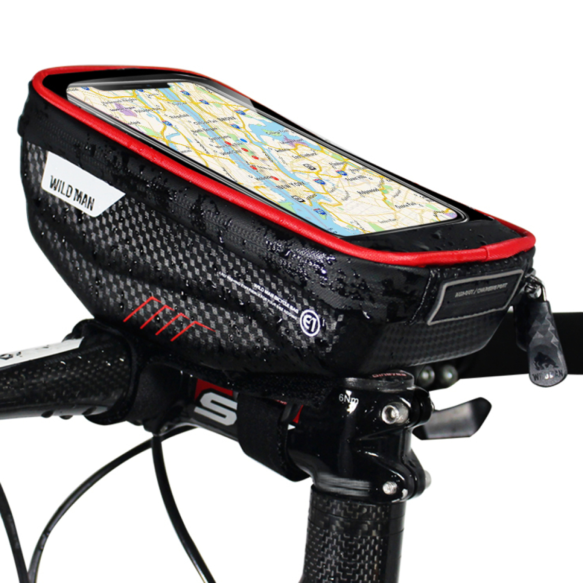 Schwarzer Fahrrad-Telefonhalter mit Karte auf dem Telefon.