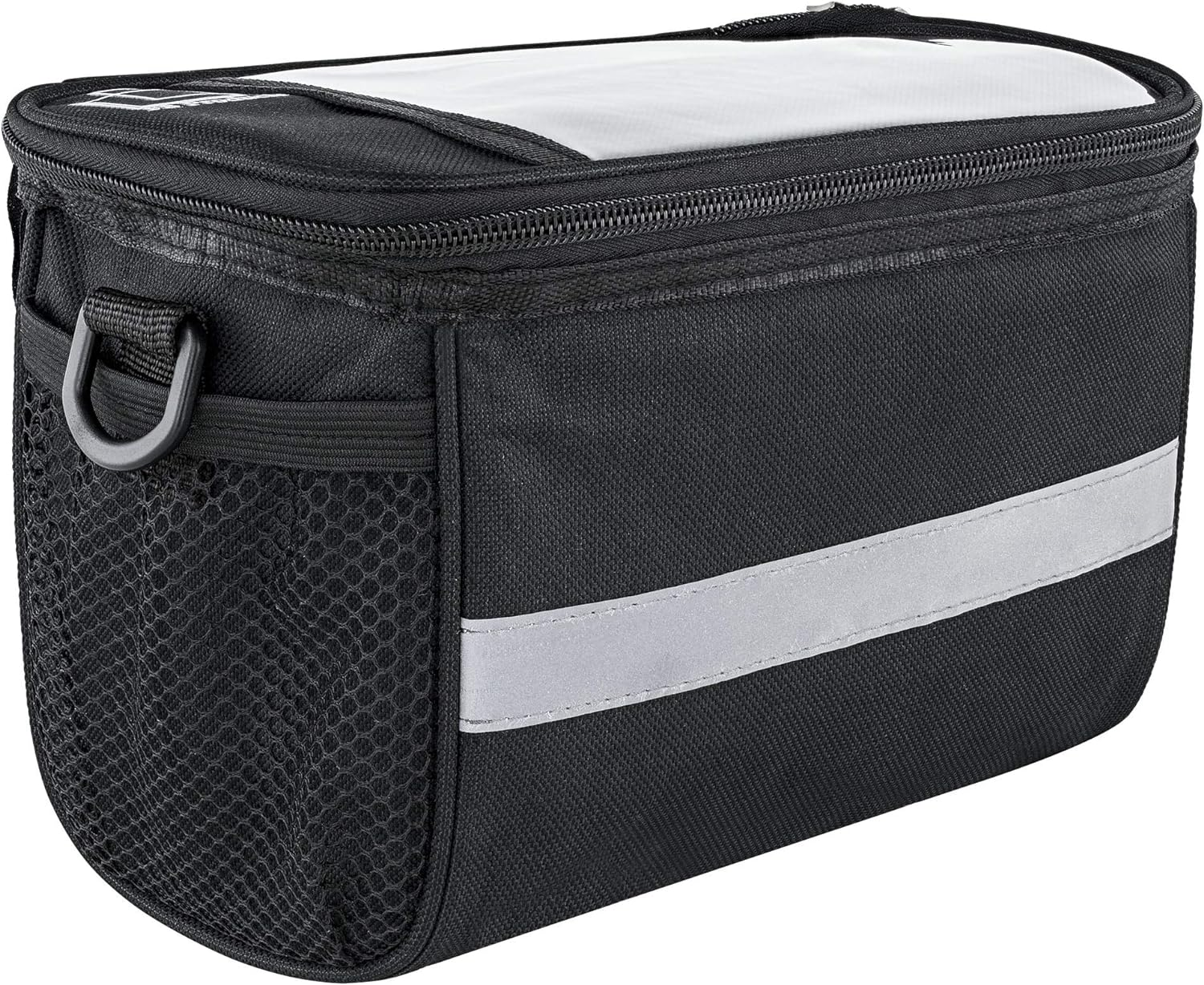 Schwarz-graue Fahrradtasche mit reflektierendem Streifen, Netztasche und Reißverschluss.