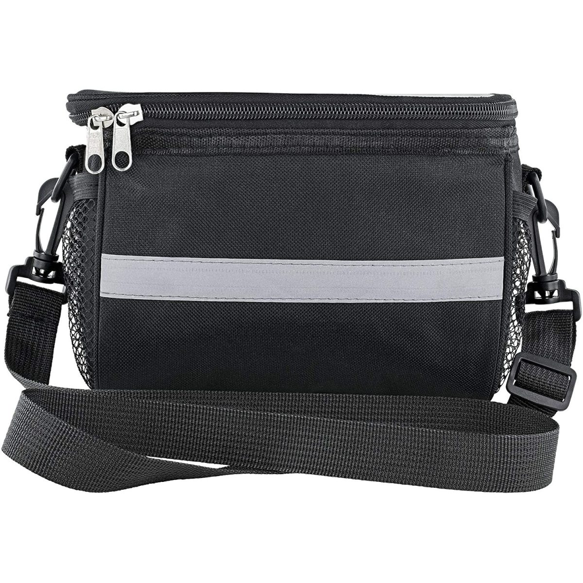 Schwarze Fahrradlenkertasche mit Reflexstreifen und mehreren Reißverschlüssen und Riemen.