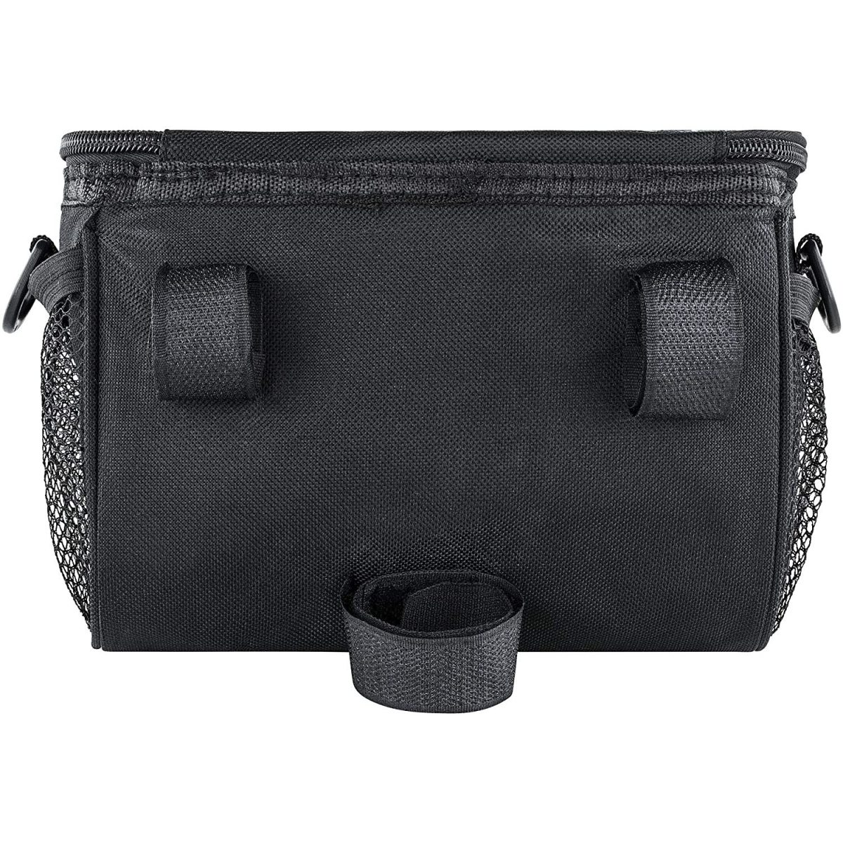 Schwarze Fahrradtasche mit Netztaschen und Riemen.