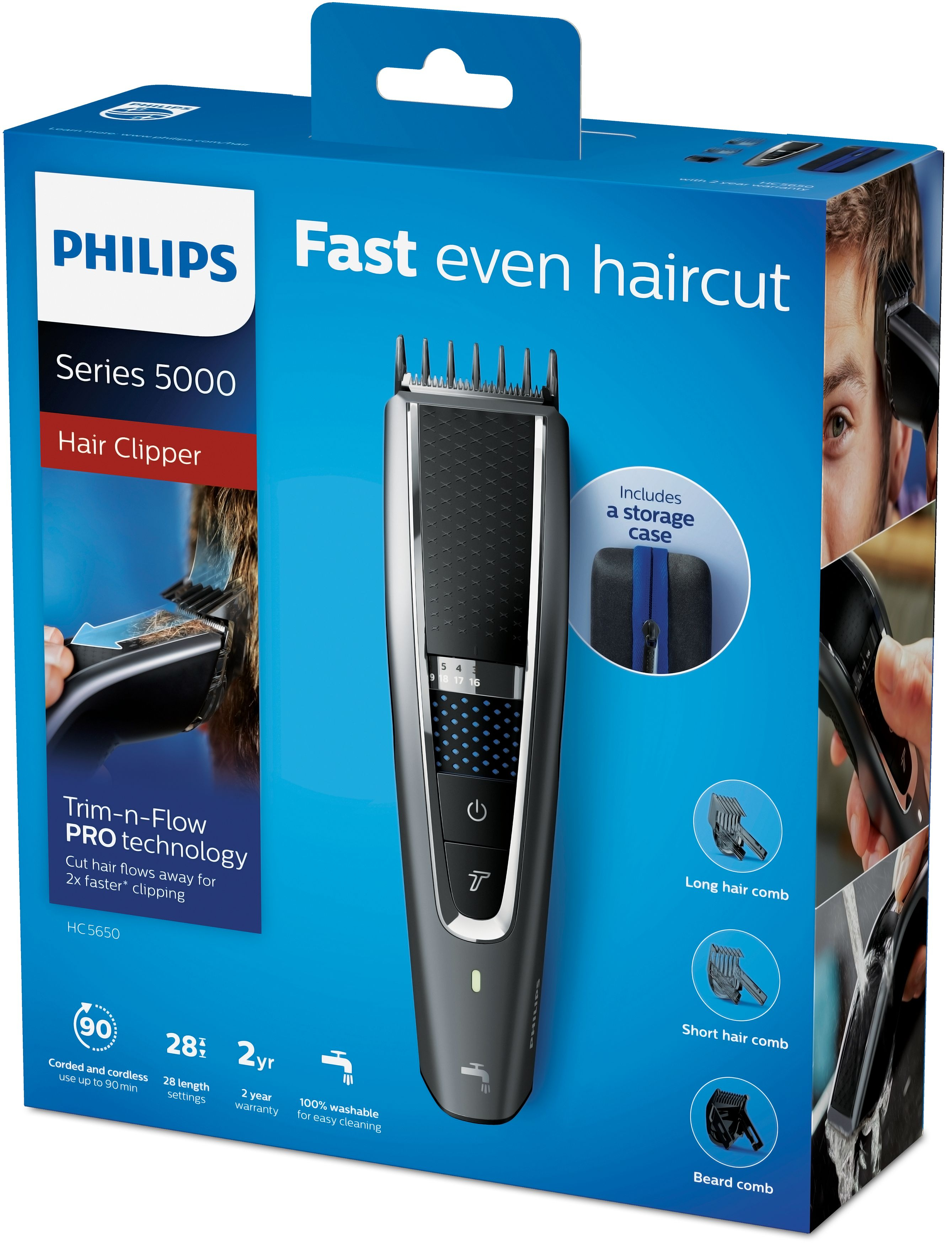 Caja de cortapelos Philips, con imágenes y texto que describe el producto.