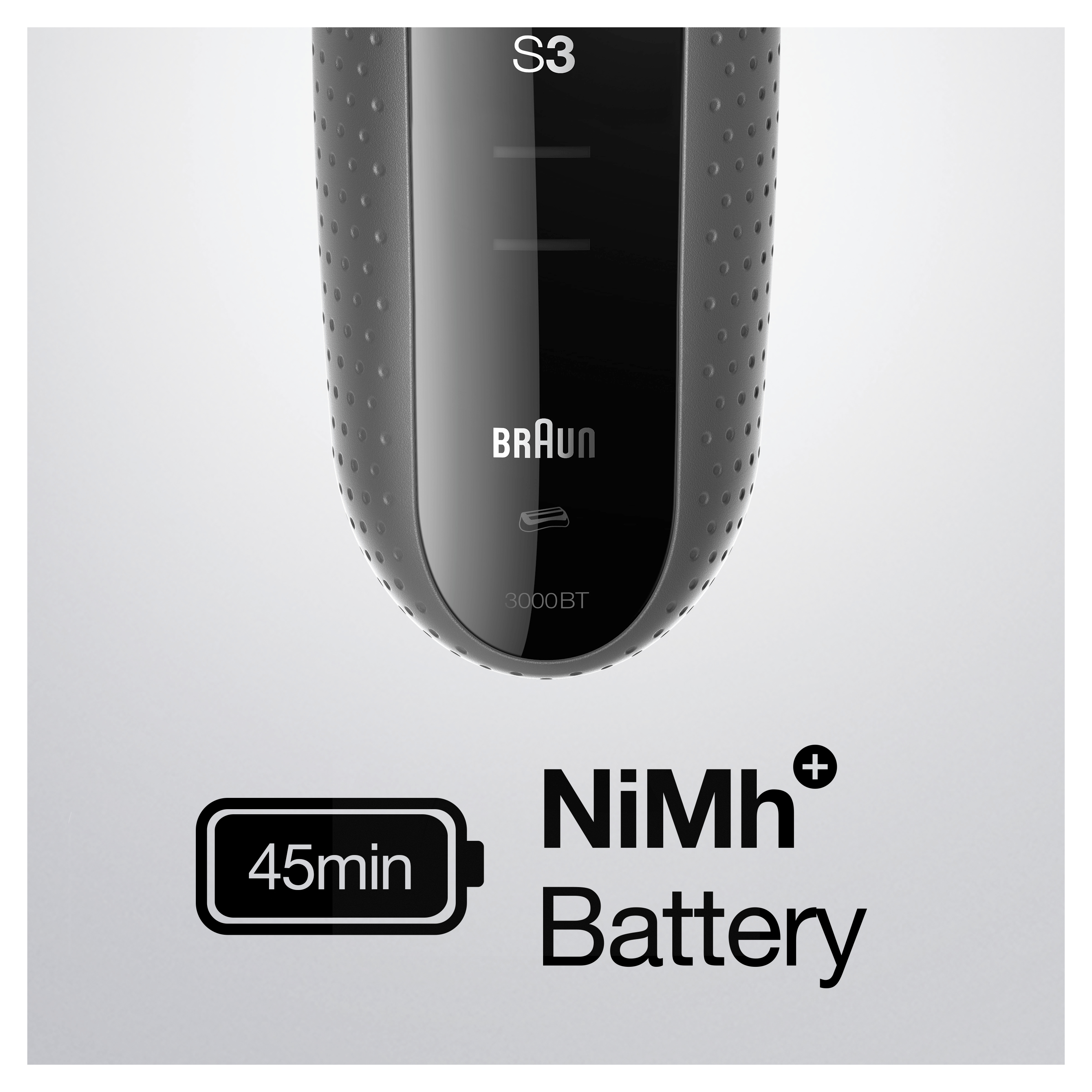 Rasoio elettrico nero e grigio con logo 'Braun', testo 'S3' e batteria '45min'.