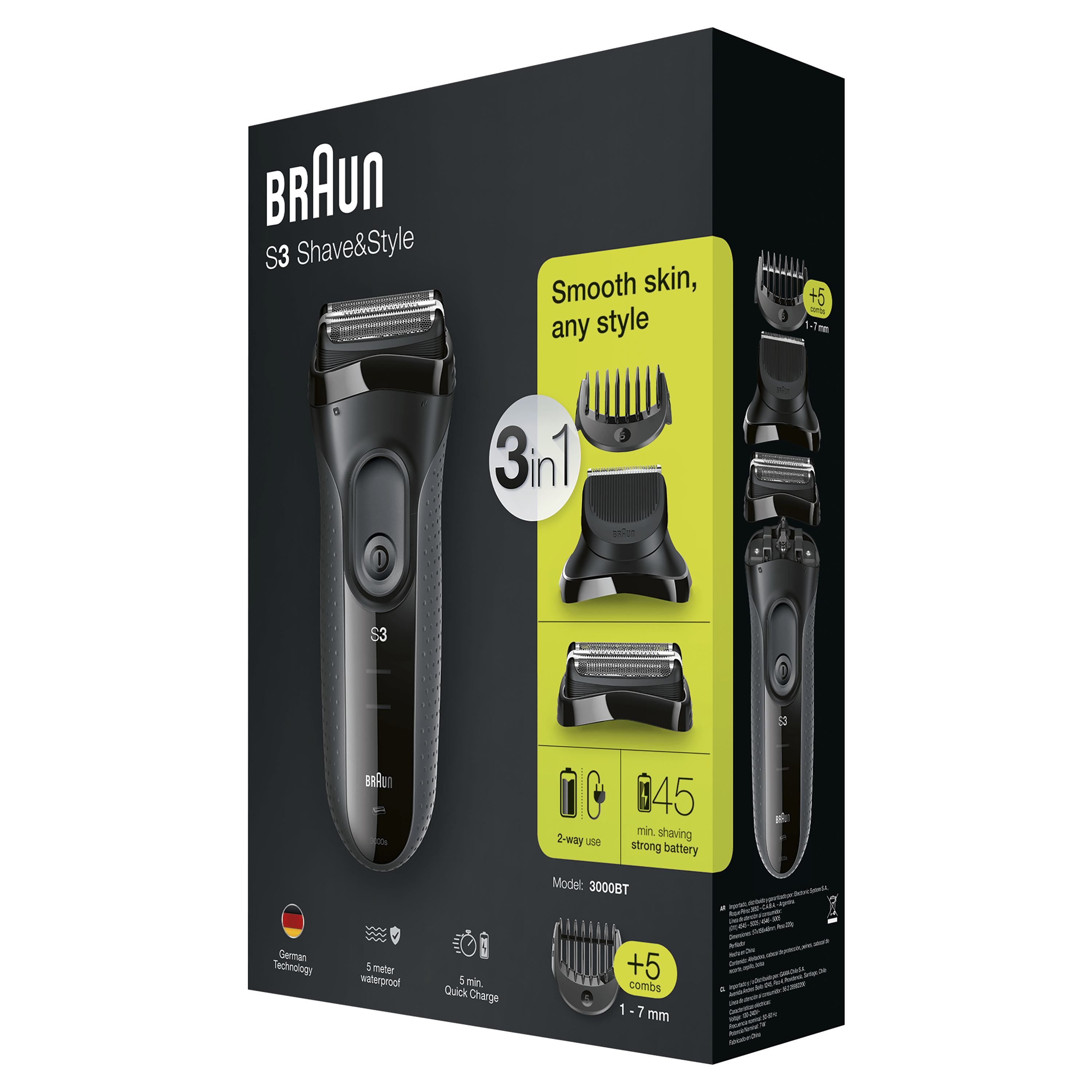 Scatola del rasoio elettrico Braun S3 Shave&Style, che mostra il prodotto e gli accessori.