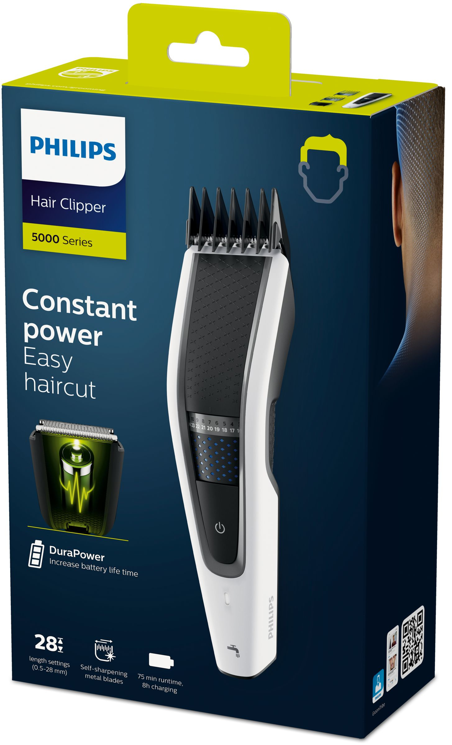 Cortapelos Philips en caja, con detalles, aislado en blanco.
