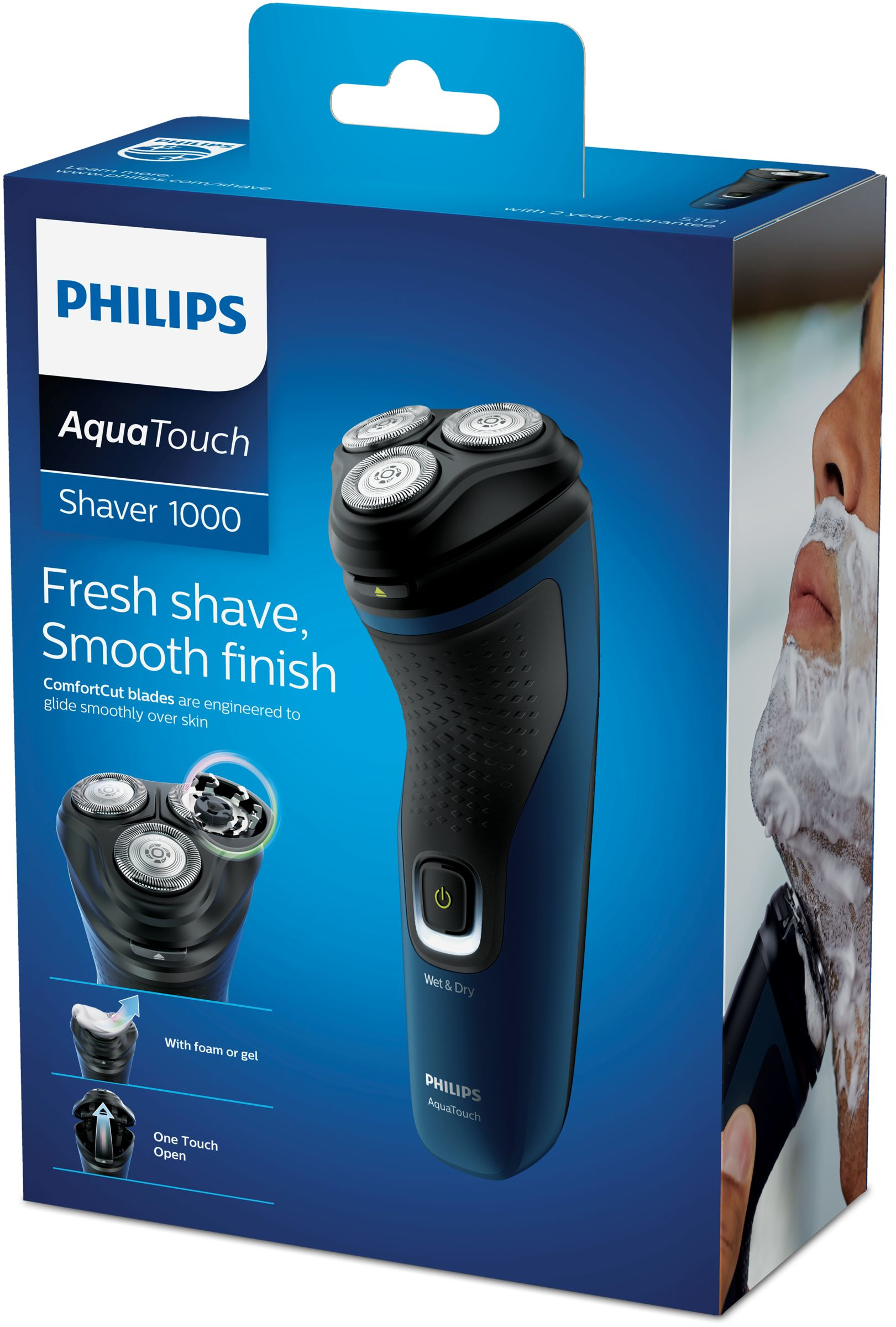 Verpackter Philips AquaTouch Rasierer. Blaues und schwarzes Design, mit Produktdetails und einem rasierenden Mann.