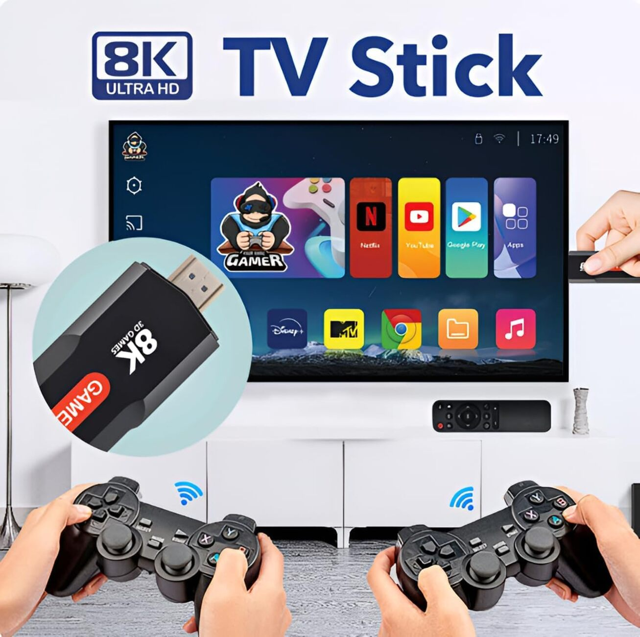 TV Stick con configuración de juegos. Pantalla TV muestra apps. Manos con mandos. Fondo blanco.