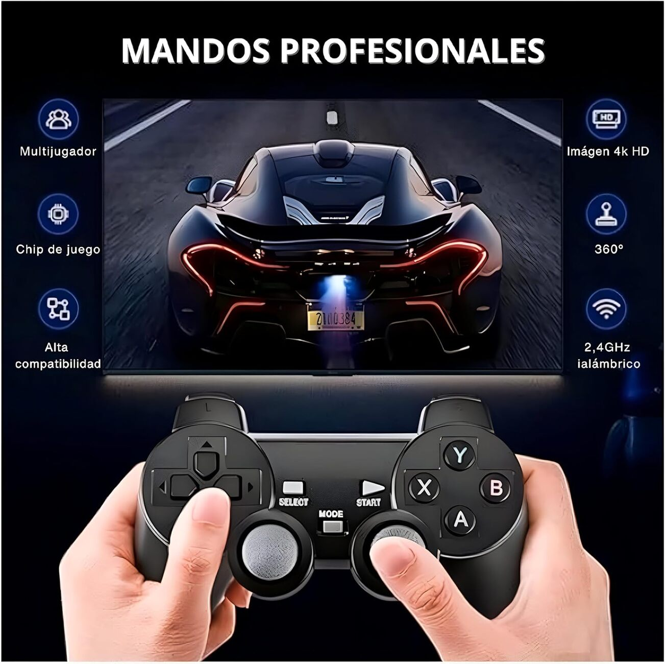 Manos sosteniendo un mando de juegos frente a un televisor que muestra un juego de carreras de coches.