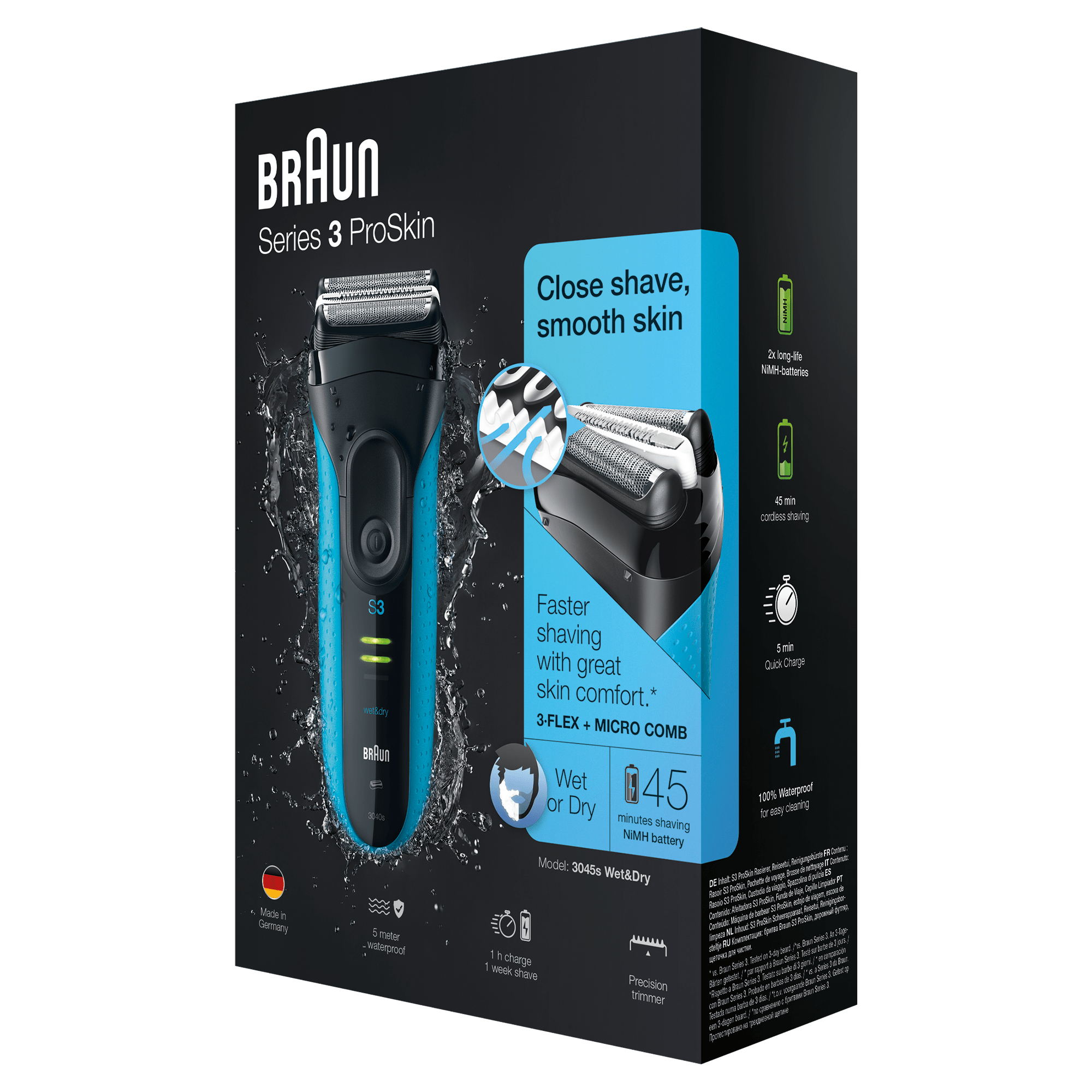 Afeitadora eléctrica Braun Series 3 ProSkin, en caja con características y detalles.