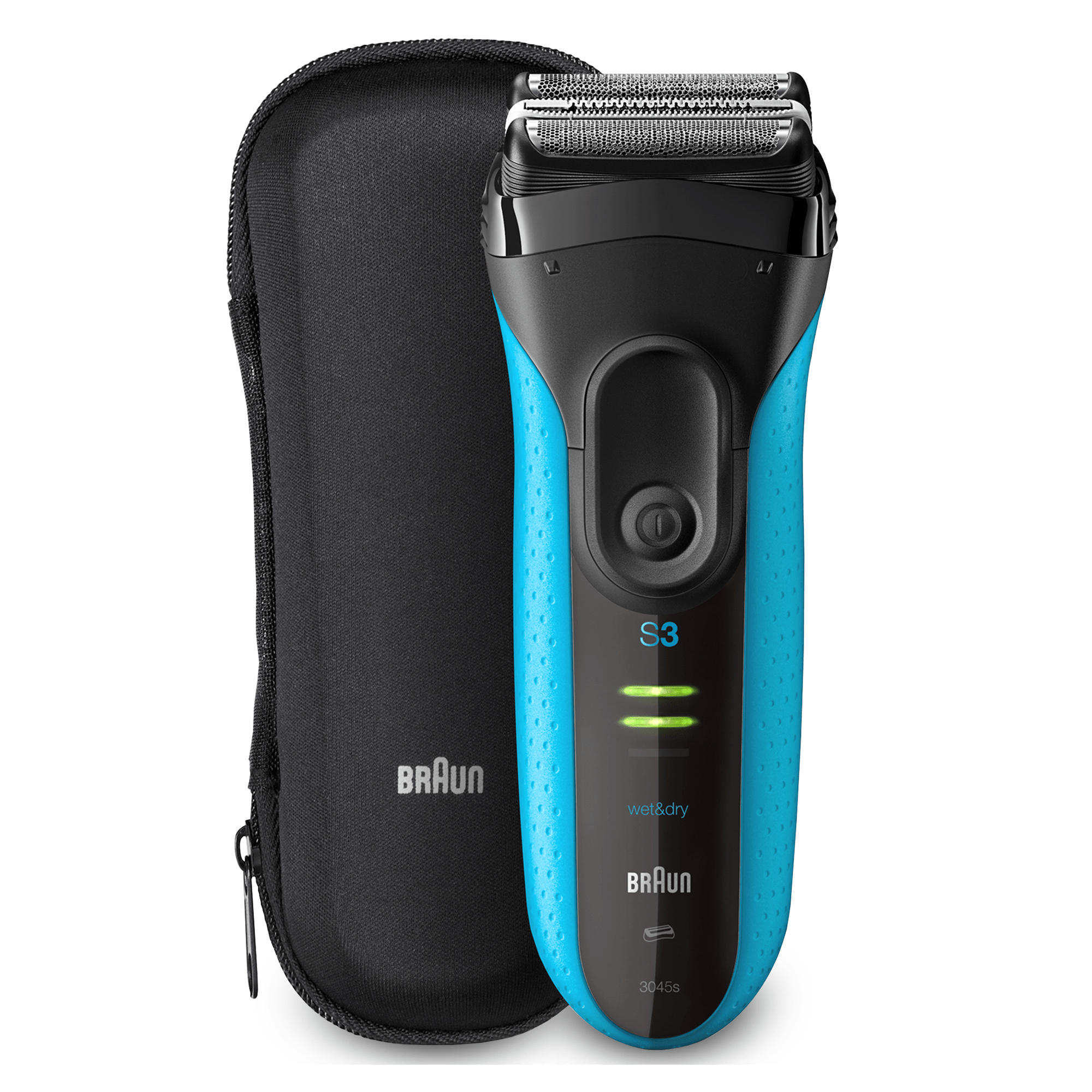 Afeitadora eléctrica Braun azul y negra con estuche de viaje negro.
