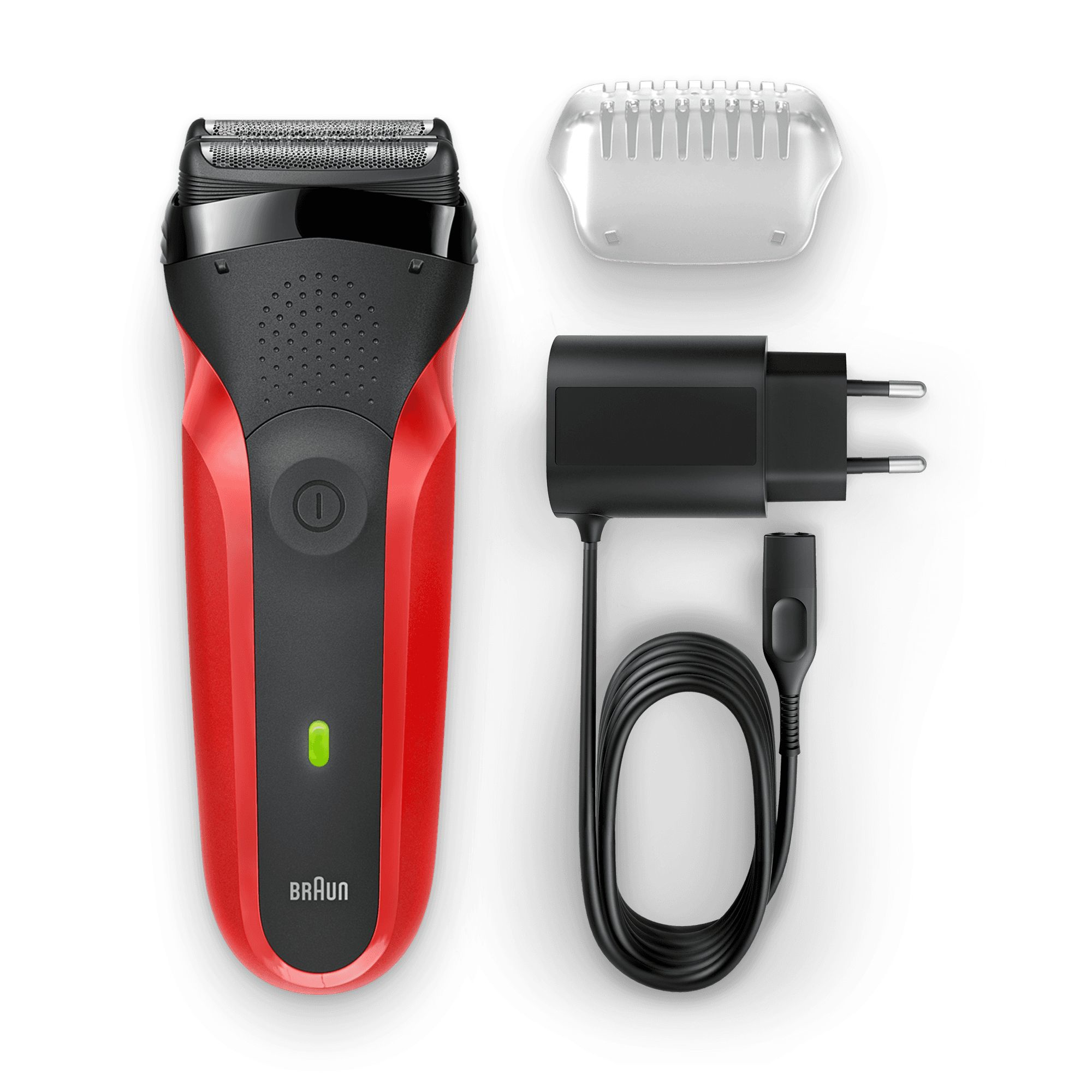 Afeitadora eléctrica roja y negra con accesorios. Incluye cargador y cepillo de limpieza.