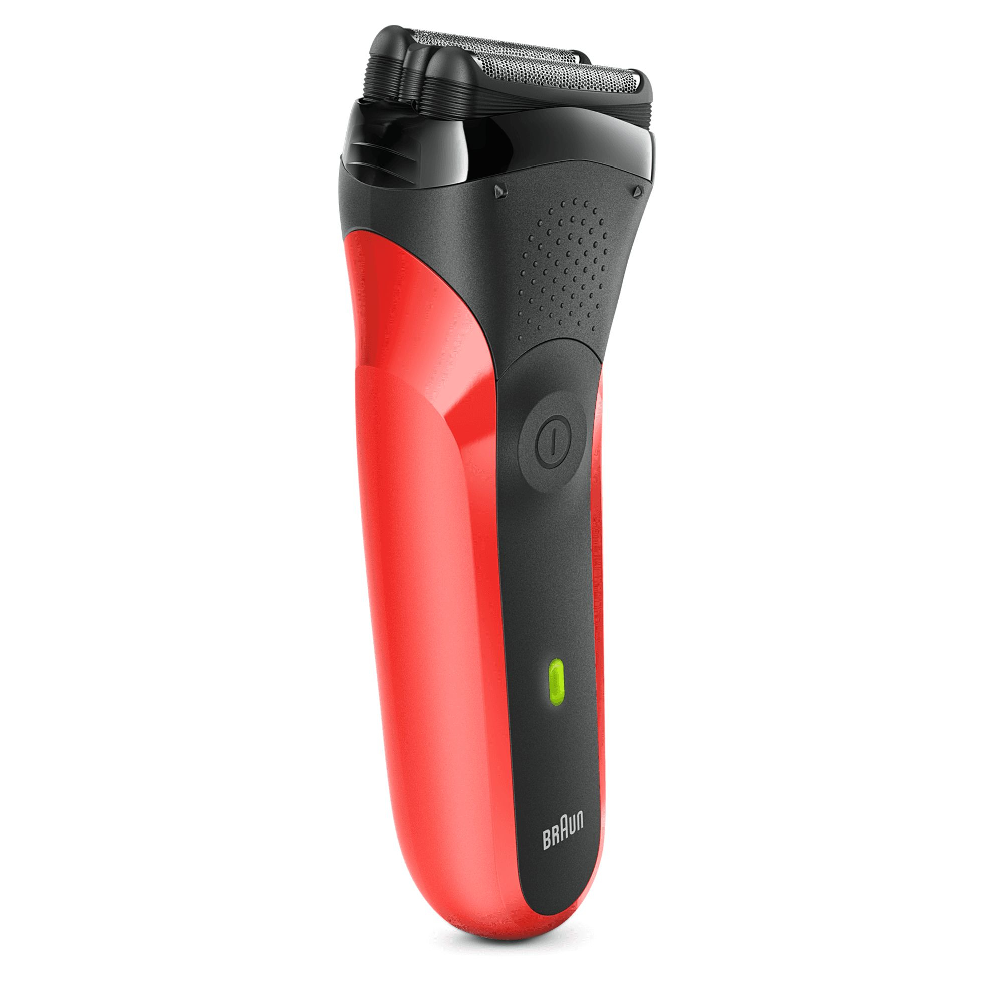 Afeitadora eléctrica roja y negra con un indicador de encendido verde y el logo de Braun.