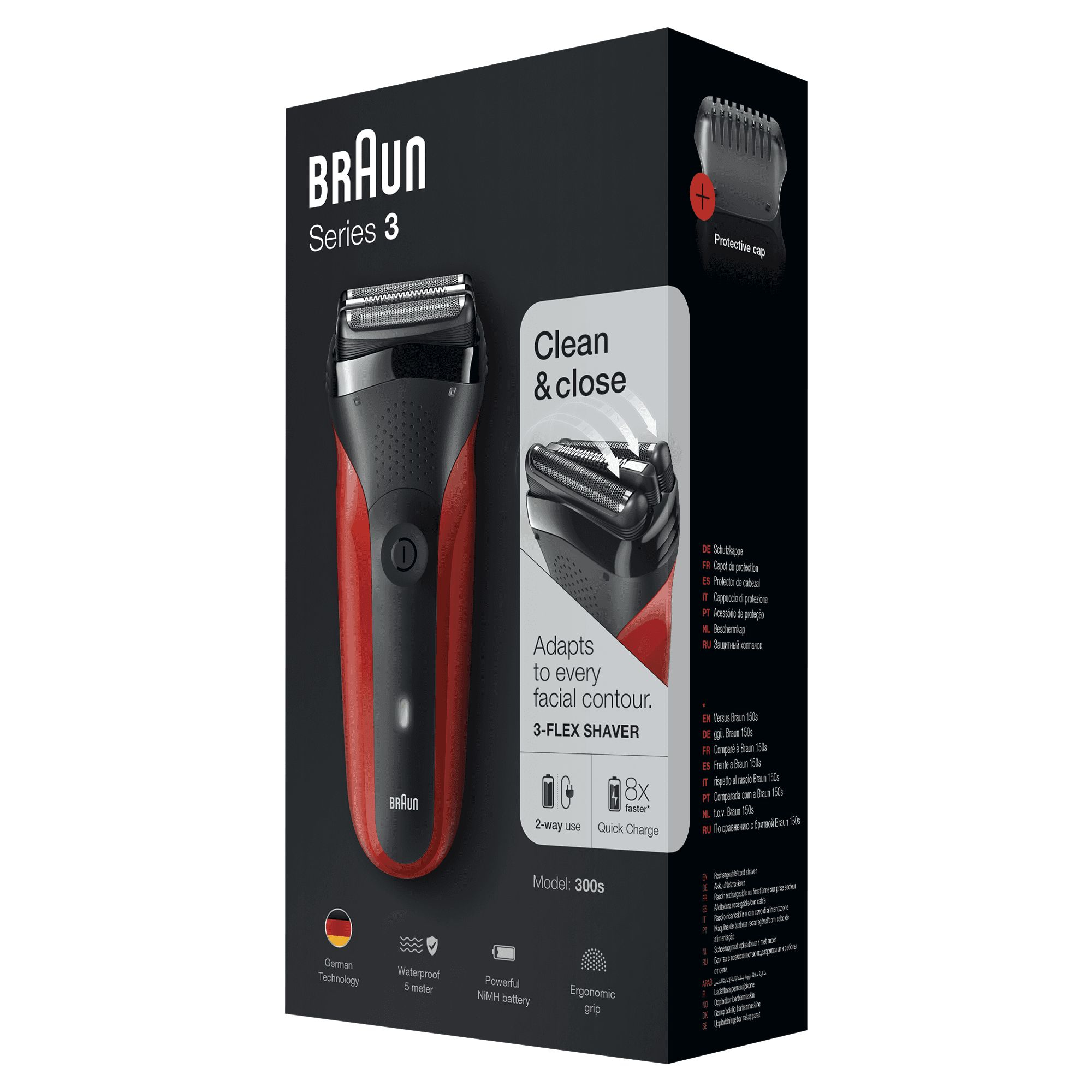 Caja Braun Series 3. La caja tiene una afeitadora eléctrica roja y negra. El fondo es negro.