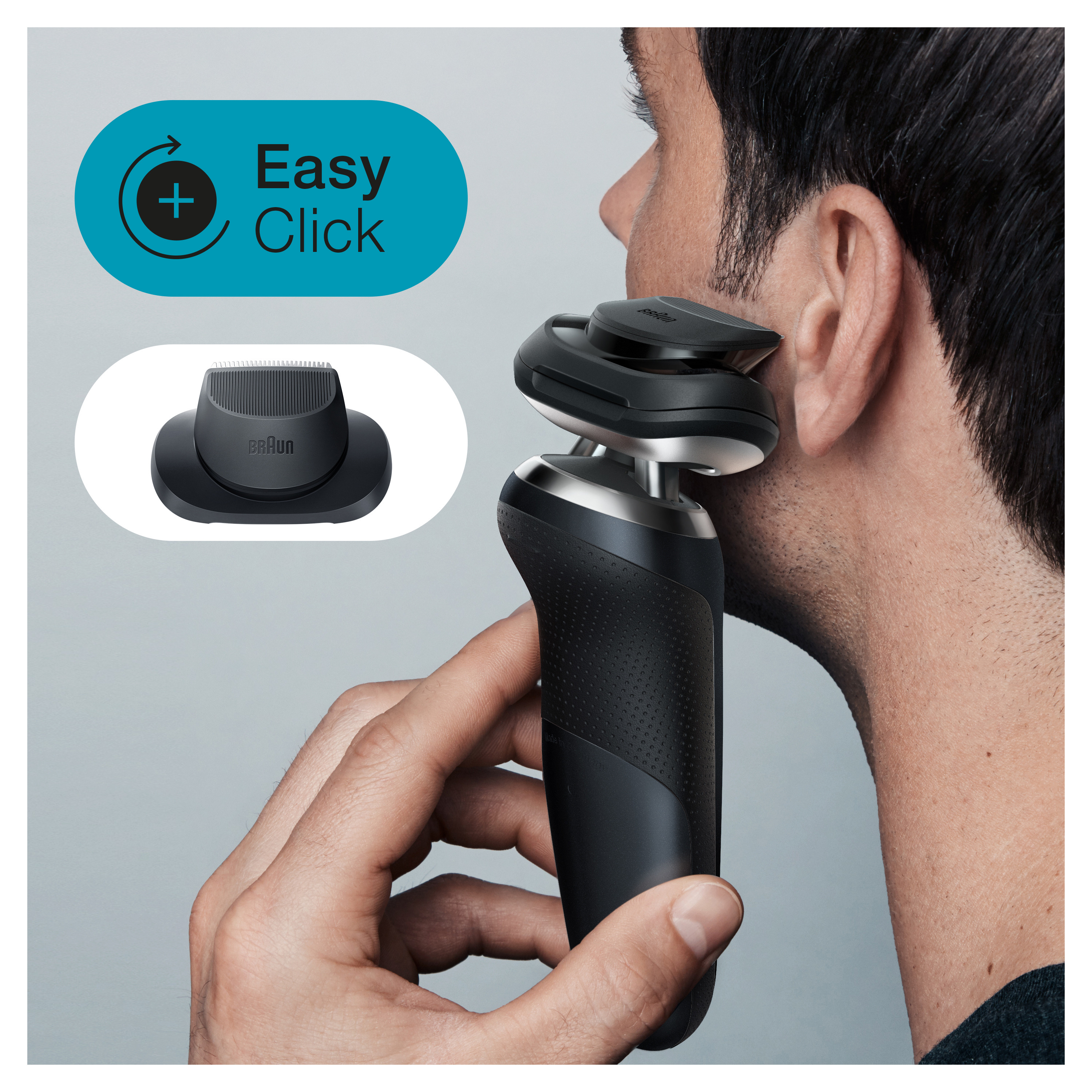 Uomo che si rade con un rasoio Braun nero e argento. Viene mostrato anche un accessorio 'Easy Click'.