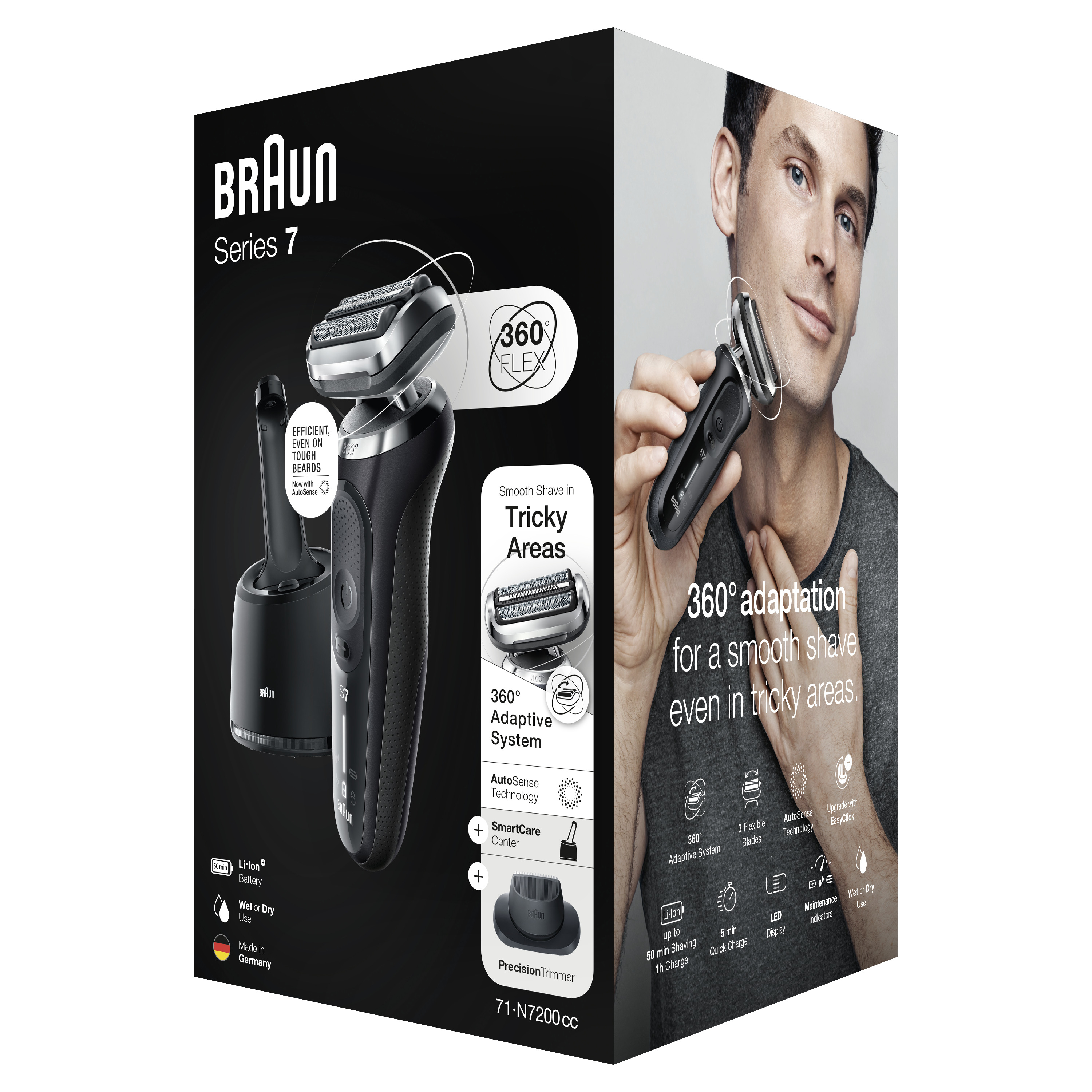Scatola del rasoio elettrico Braun Series 7 con un uomo che si rade nell'immagine.