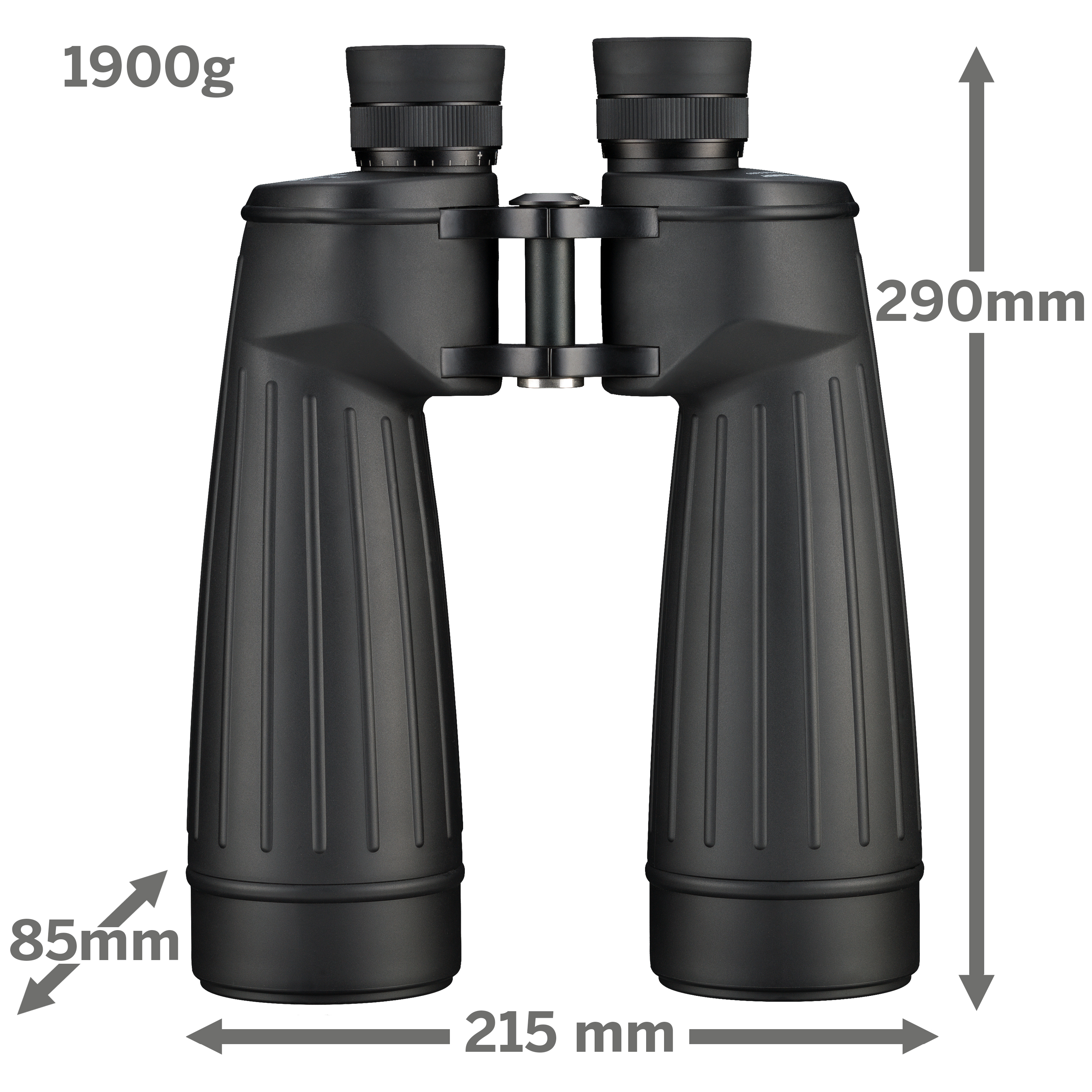 Prismáticos negros con etiquetas de dimensiones, indicando tamaño y peso: 1900g, 290mm, 85mm, 215mm.