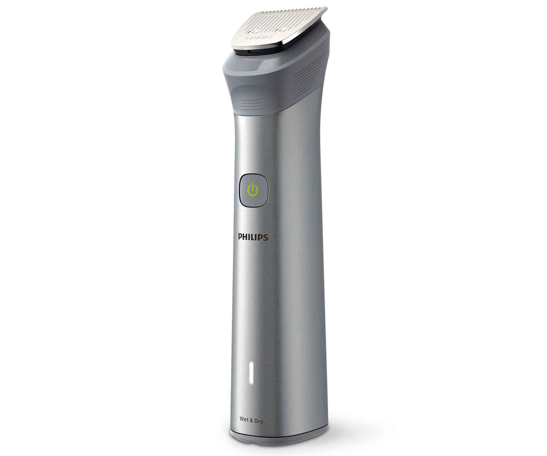 Afeitadora plateada Philips. Tiene un botón de encendido y una etiqueta Wet & Dry.