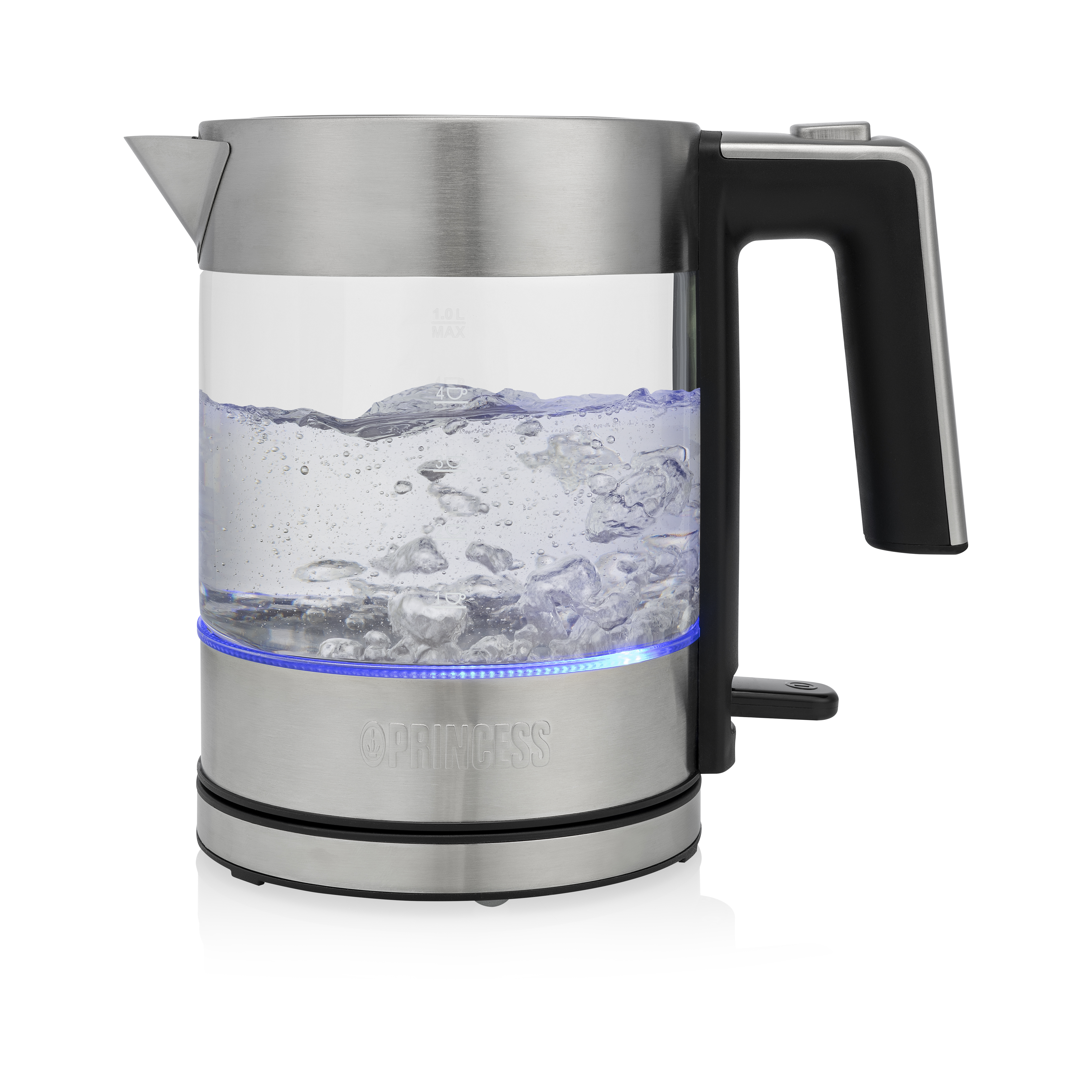 Szklany czajnik elektryczny z wrzącą wodą, niebieskim światłem na dole, srebrną podstawą, czarnym uchwytem.