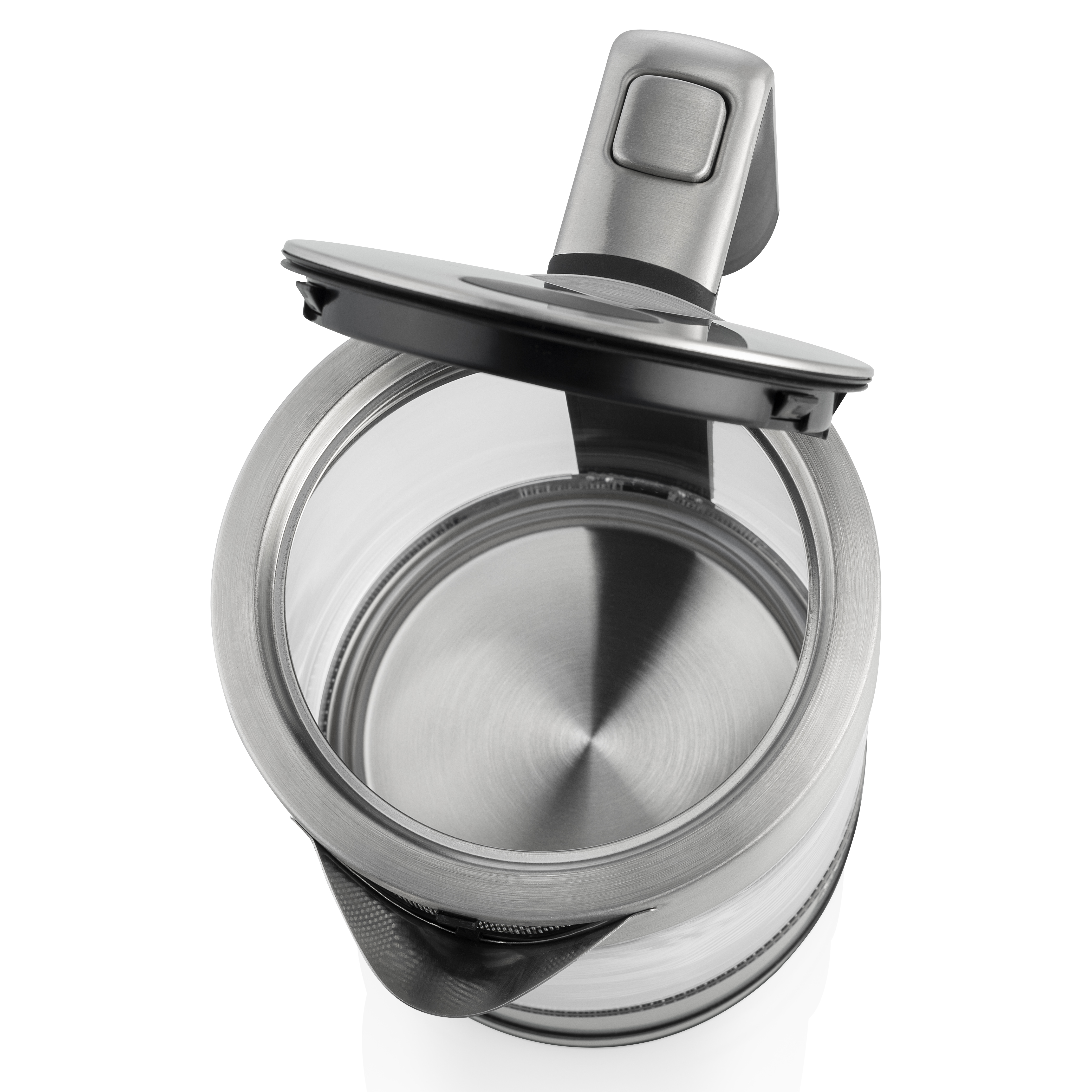 Elektryczny czajnik ze stali nierdzewnej z otwartą pokrywą.