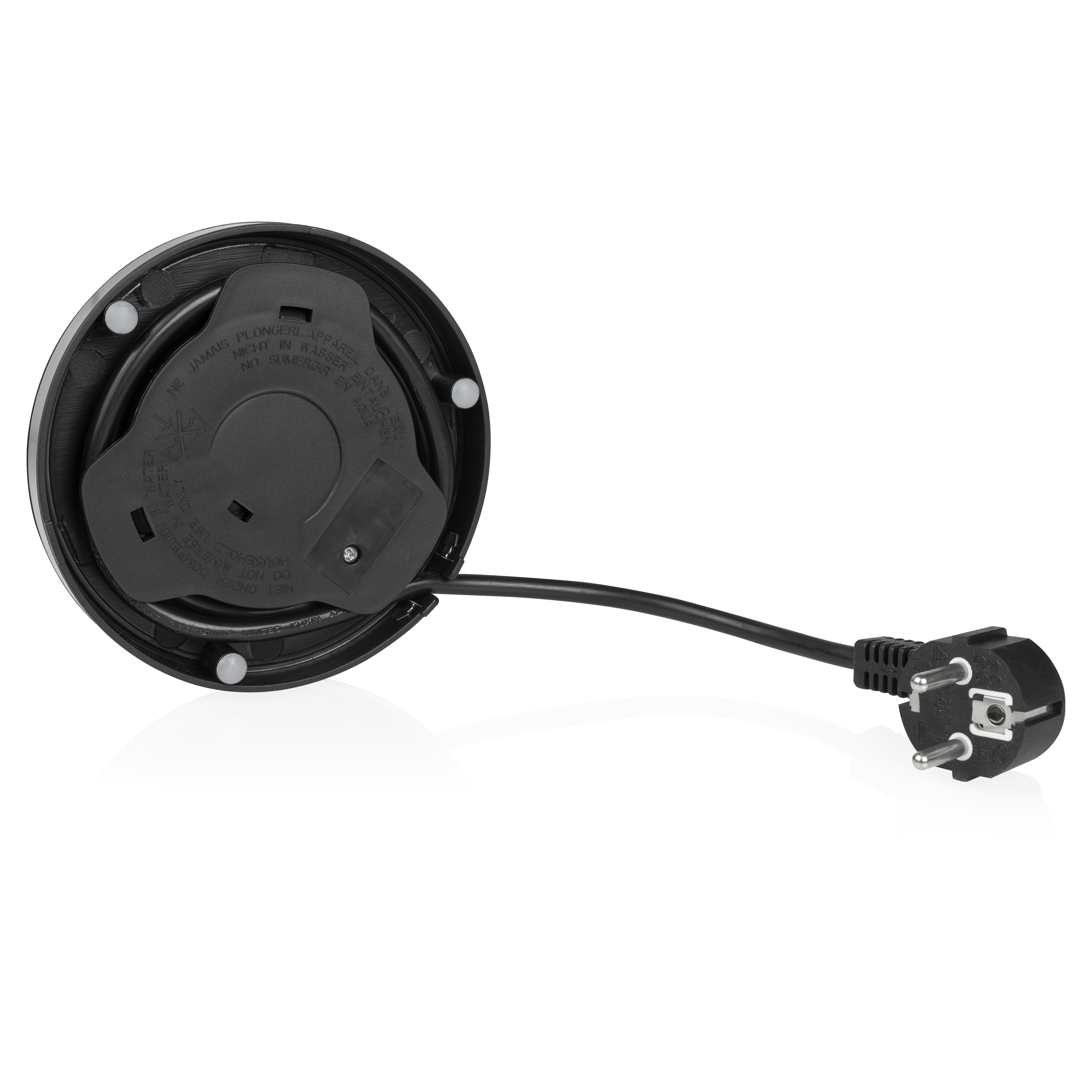 Czarne urządzenie z przewodem zasilającym i wtyczką. Urządzenie ma okrągły kształt.