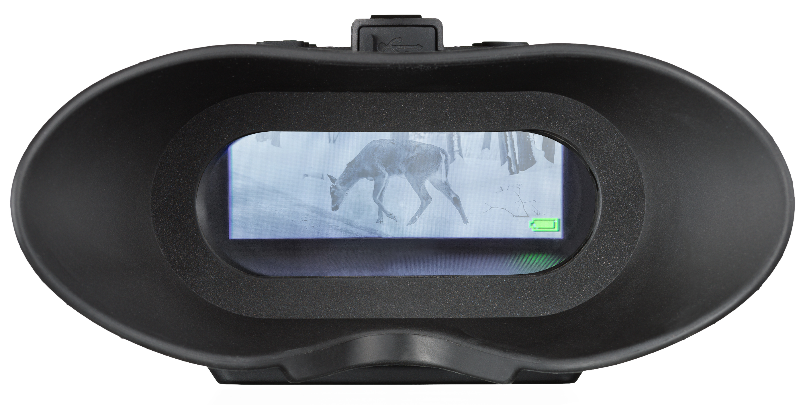 Dispositivo de visión nocturna negro. Muestra un ciervo en un camino nevado. Indicador de batería visible.