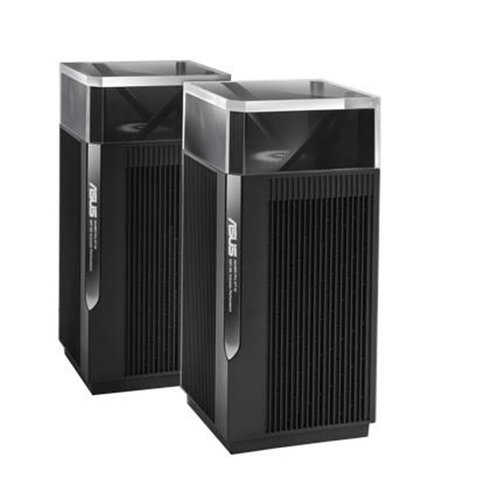 Zwei schwarze Türme mit silbernem Deckel. ASUS-Branding an der Seite. Weißer Hintergrund.