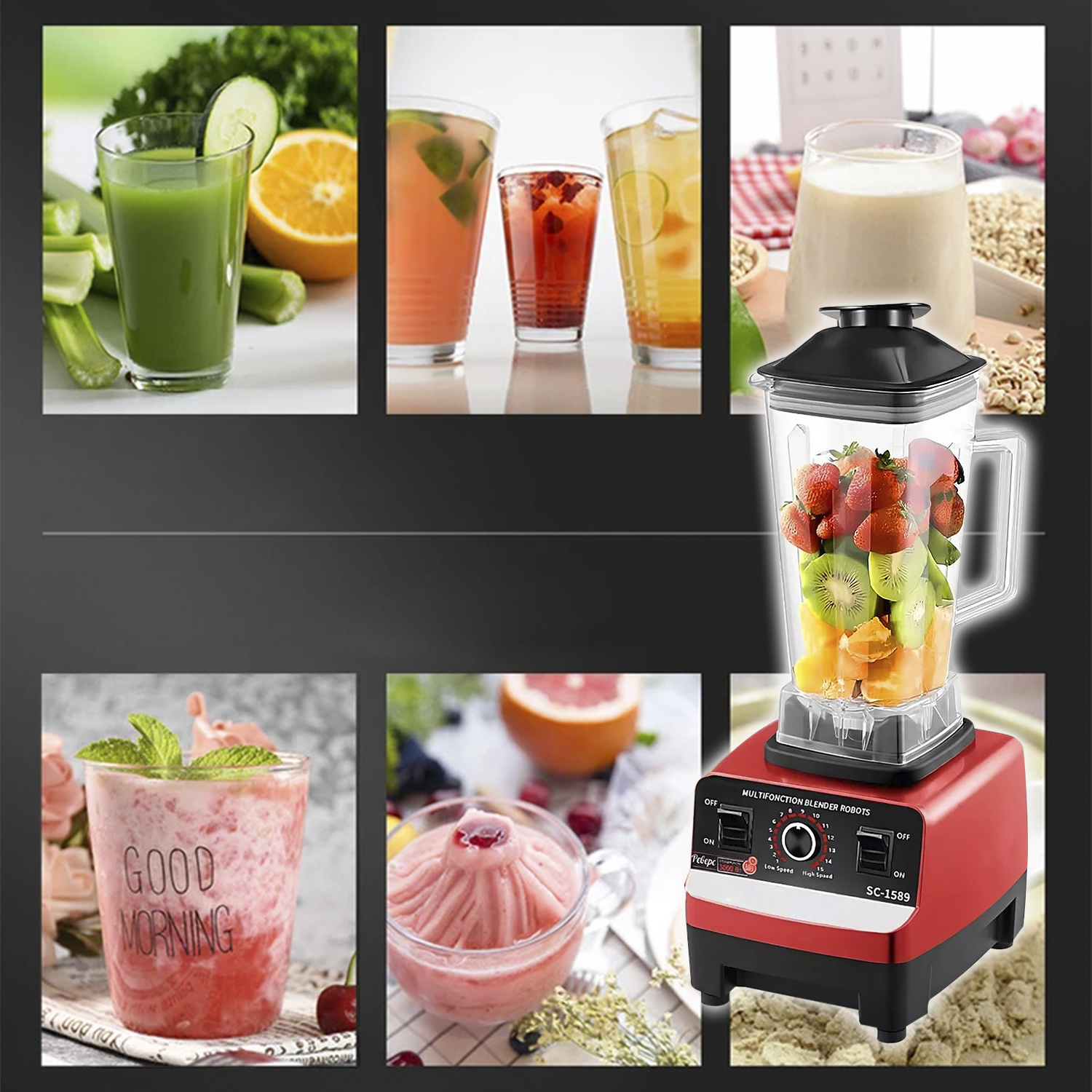 Mixer mit Früchten. Mehrere Saftgläser. Roter Mixer mit Erdbeeren und Kiwi. Schwarzer Hintergrund.