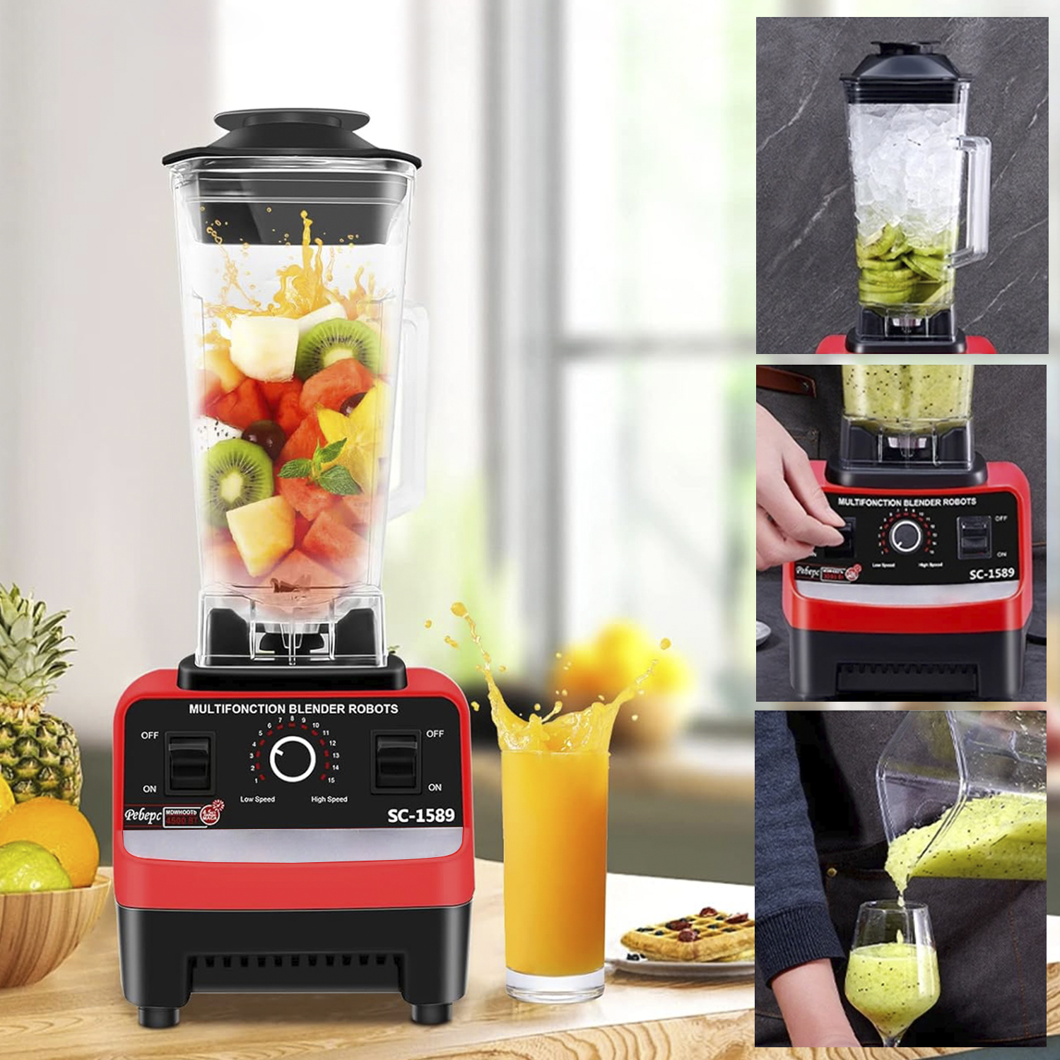 Ein rot-schwarzer Mixer mit einem durchsichtigen Krug voller Früchte und Bildern, die seine Verwendung zeigen.