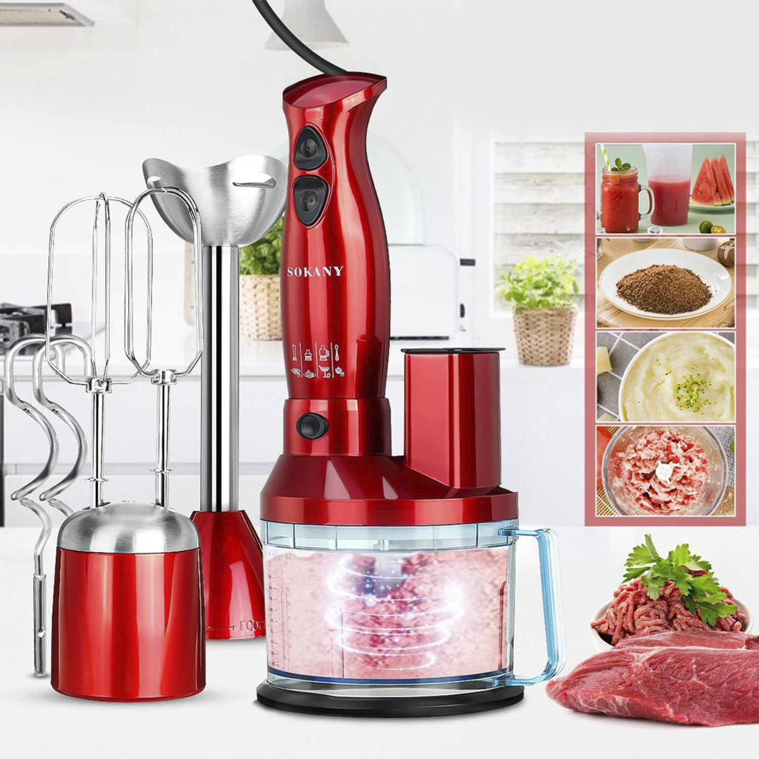 Frullatore elettrico rosso con più accessori e campioni di cibo sullo sfondo.
