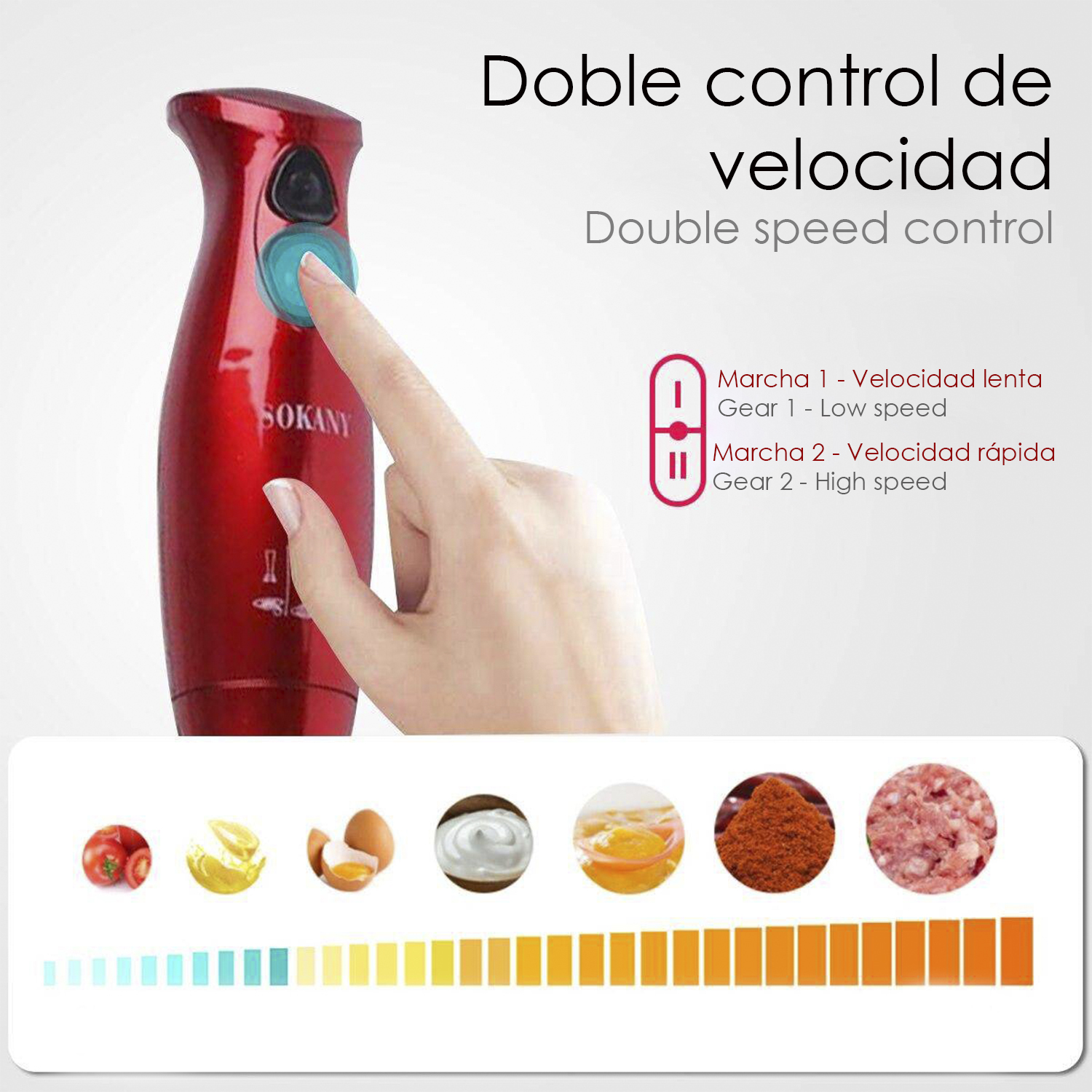 Frullatore a immersione rosso con pulsante blu. Testo: Controllo doppia velocità. Vari alimenti.