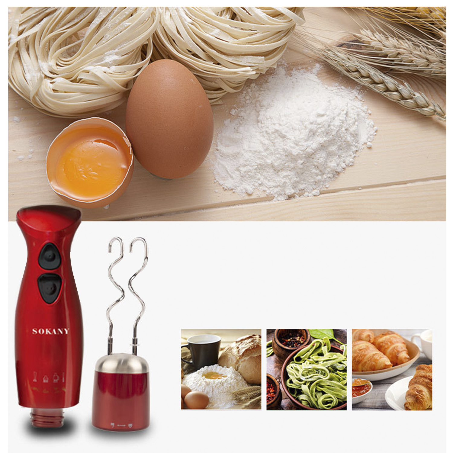 Ingredienti per pasta: uova, farina e spaghetti su legno. Un frullatore a mano rosso e del cibo.