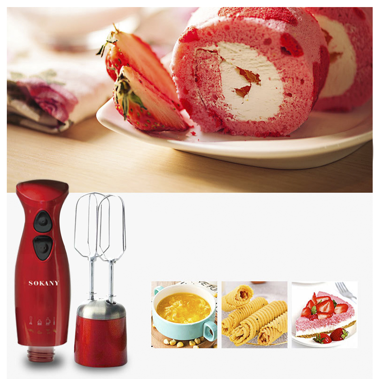 Un frullatore a mano rosso accanto a torte e fragole. Include una ciotola di liquido giallo.