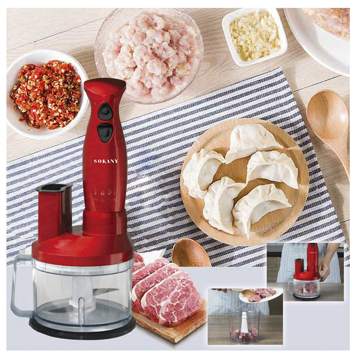 Robot da cucina rosso con ingredienti come carne e ravioli.