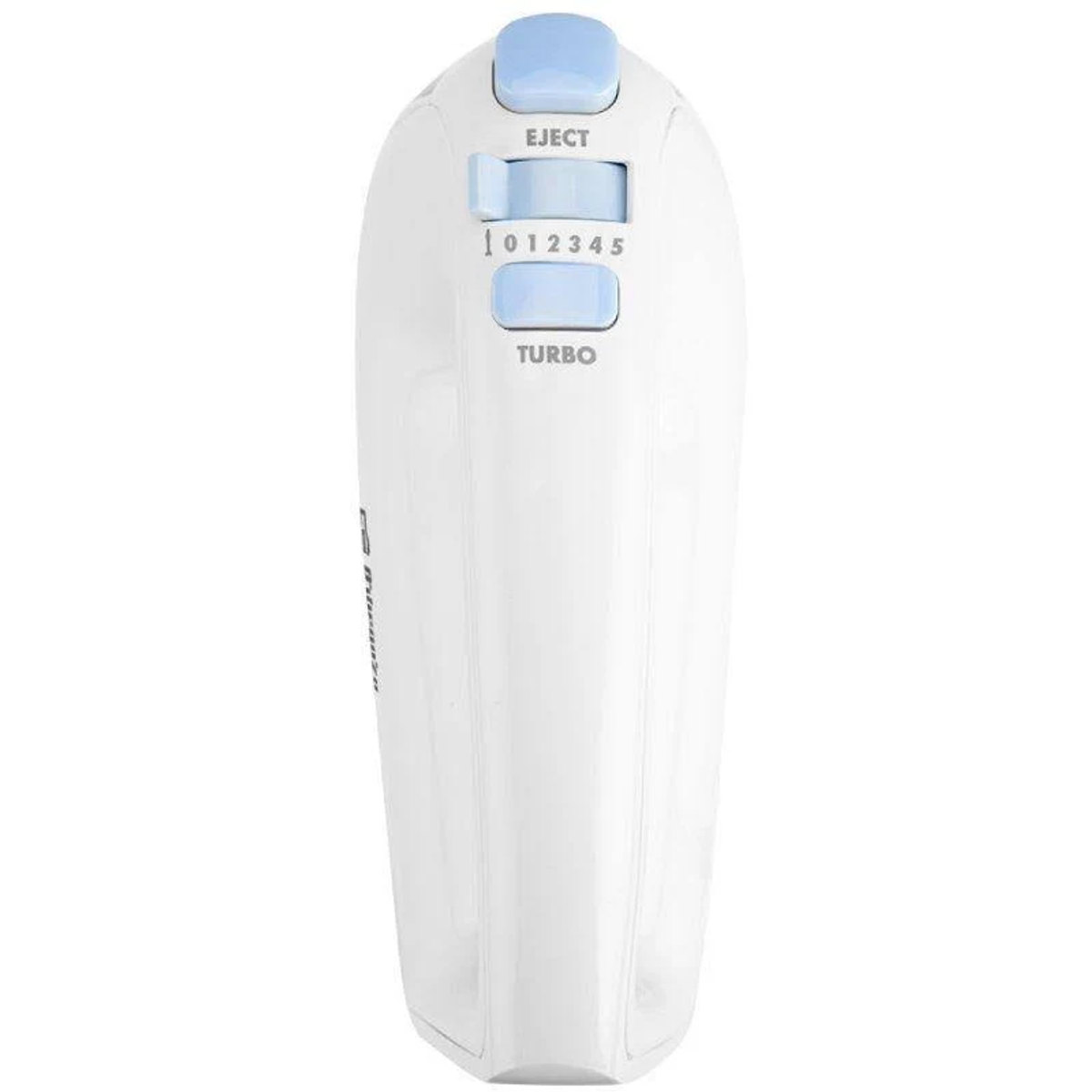 Batidora de mano blanca. Tiene configuraciones de velocidad y botón turbo. Vista superior.