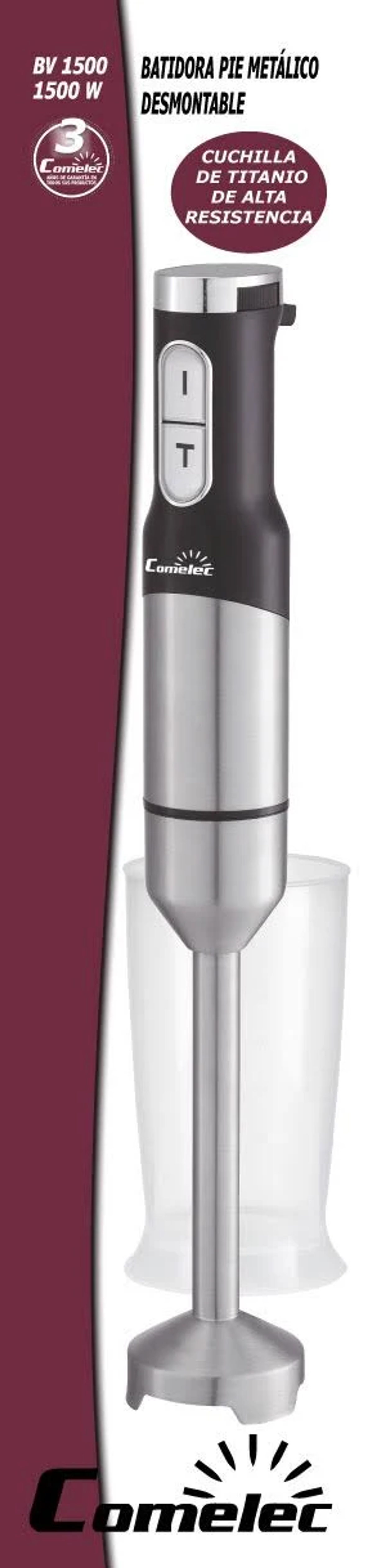 Czarny i srebrny blender ręczny z kubkiem i tekstem na bordowym tle.