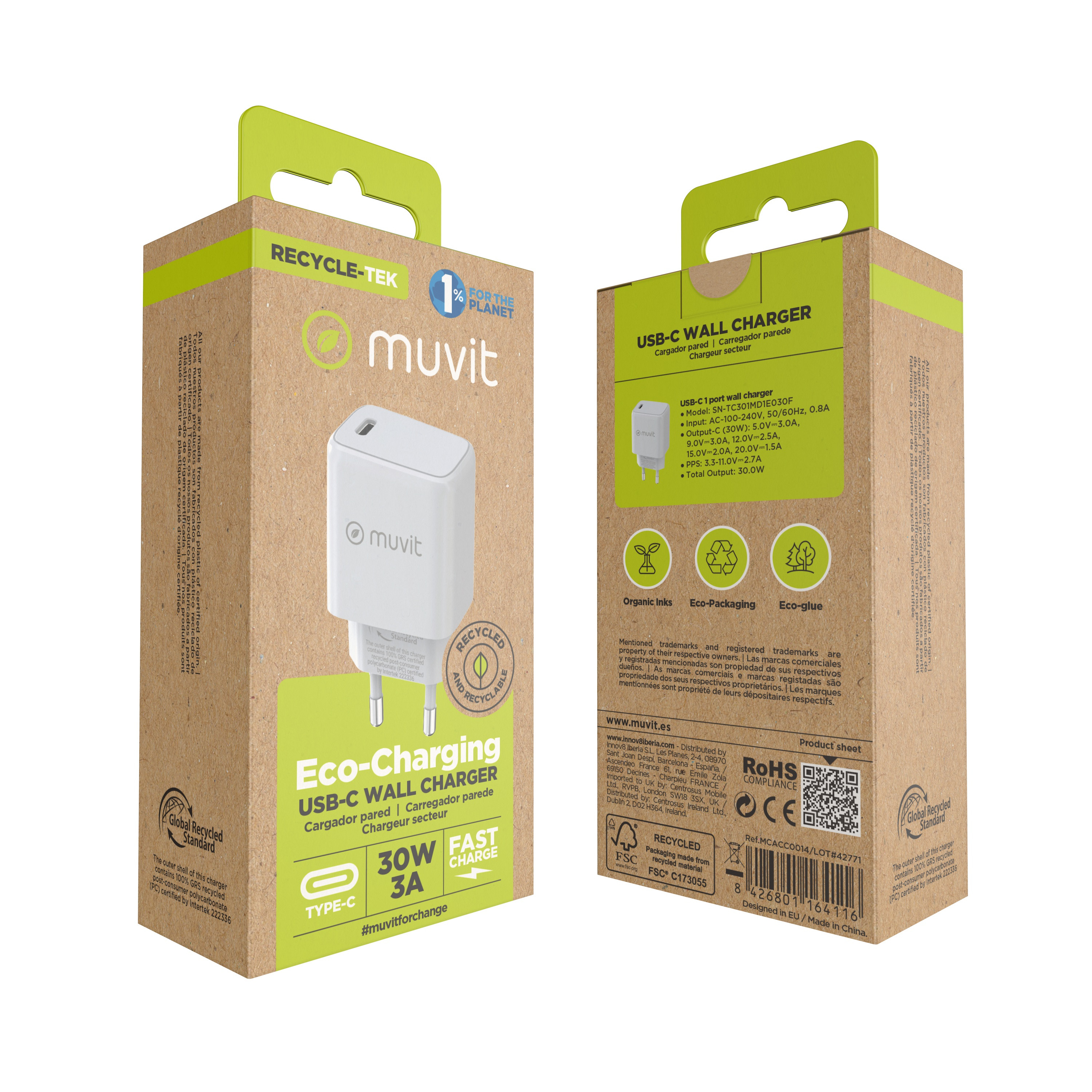 Dos cajas de un cargador de pared USB-C con texto y elementos gráficos.