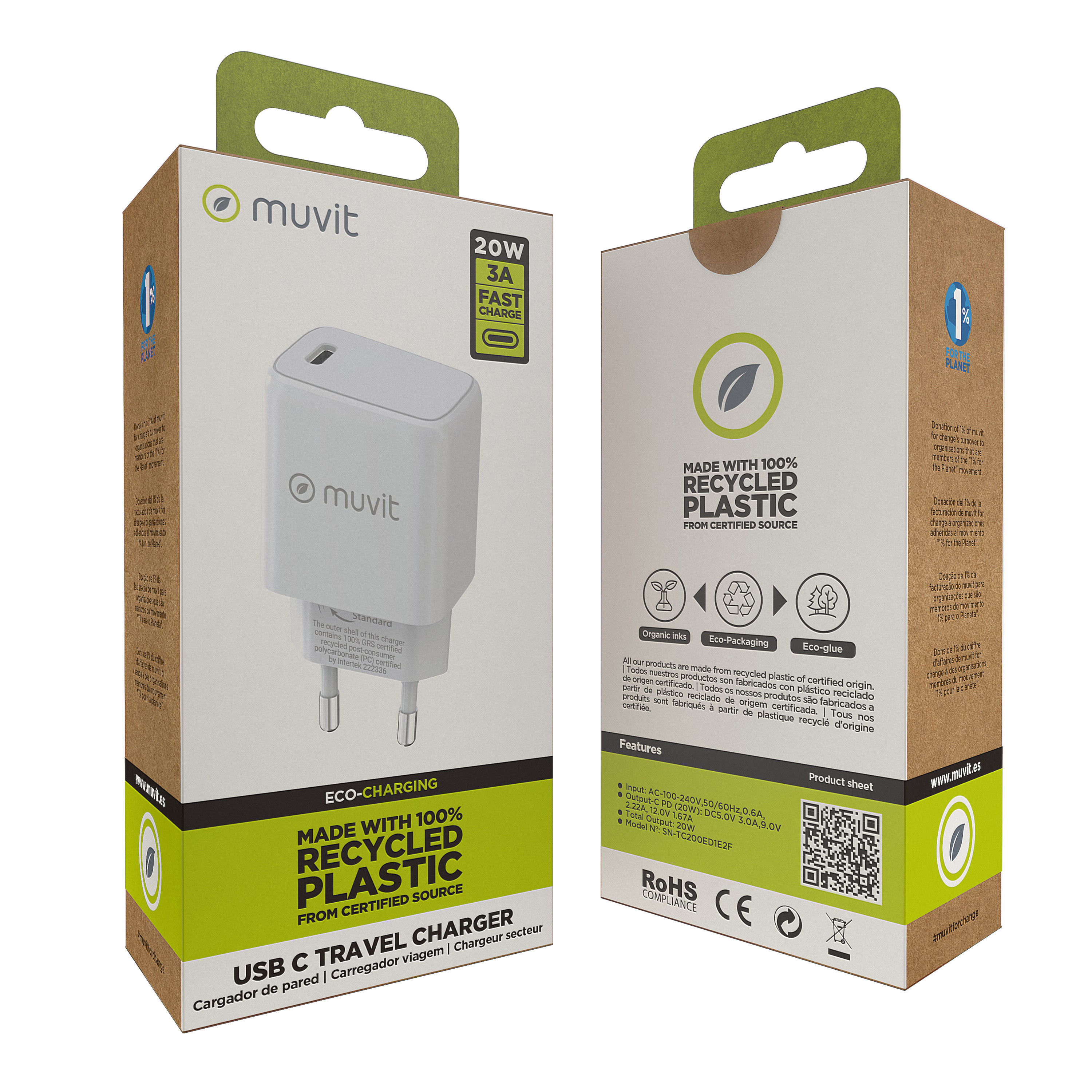 Dos cajas de un cargador de viaje USB C. Imagen del cargador blanco en la parte delantera. Hecho con plástico 100% reciclado.