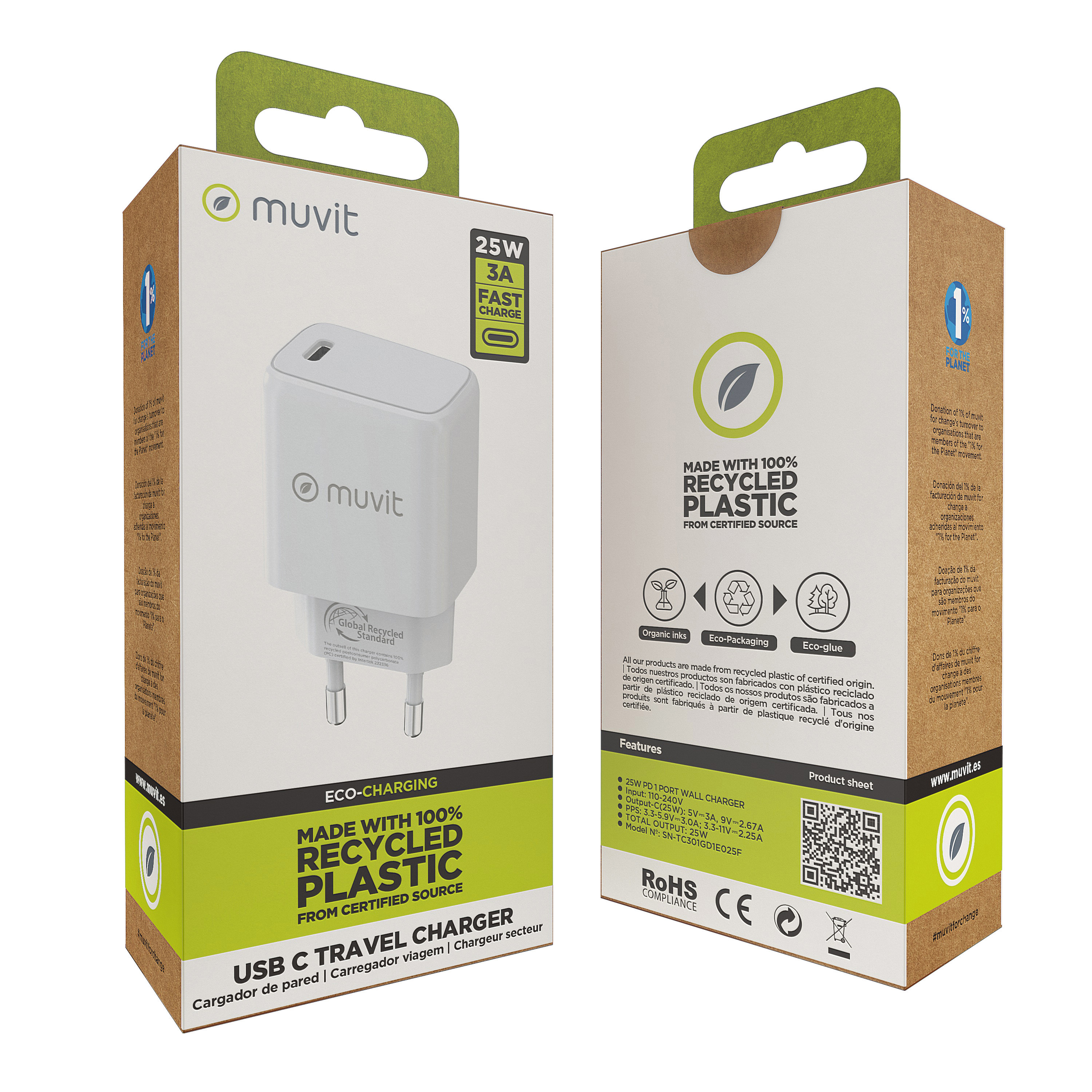 Dos cajas, cargador blanco. Texto: Hecho con plástico 100% reciclado. Eco-carga.