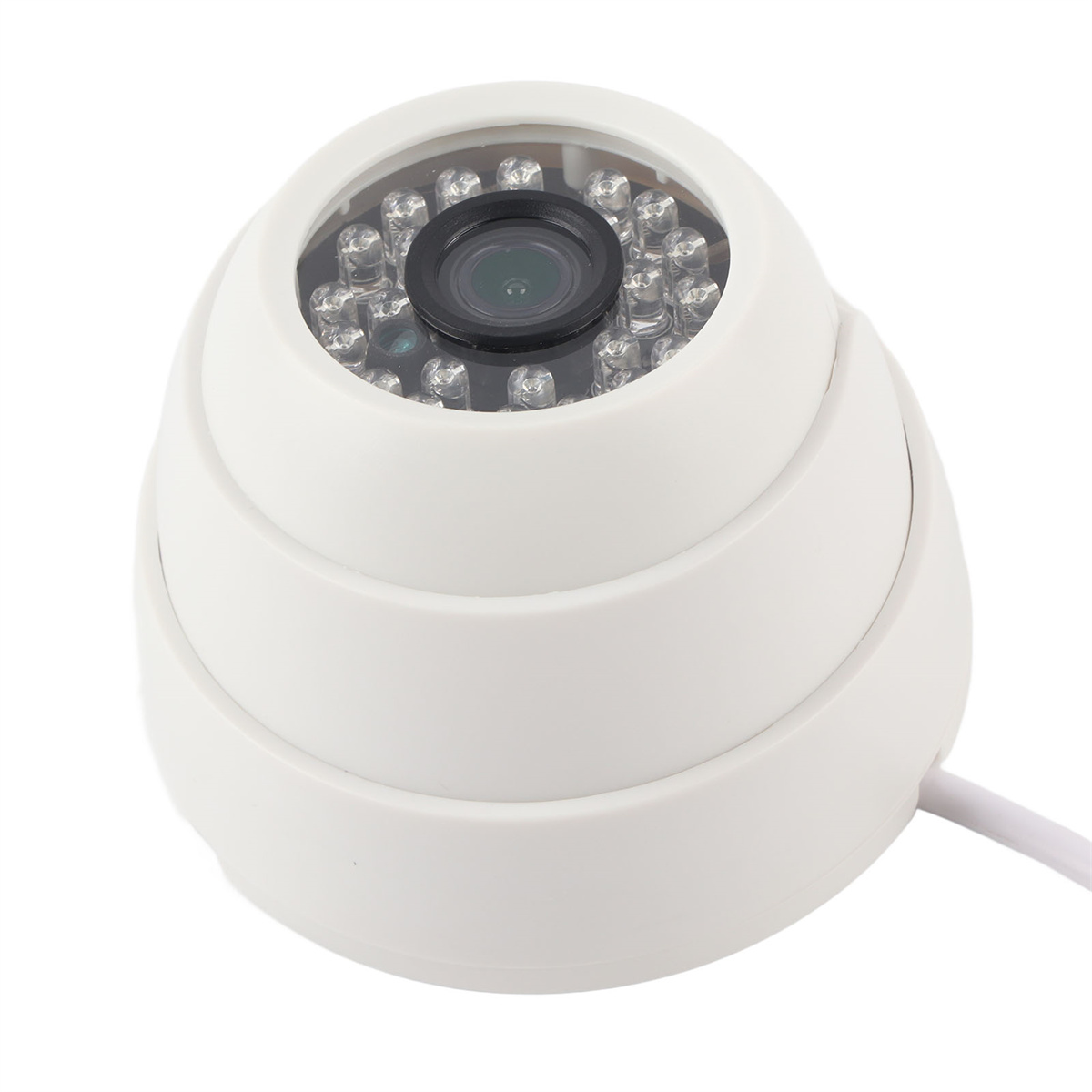 Weiße Dome-Überwachungskamera mit Linse und LED-Leuchten.