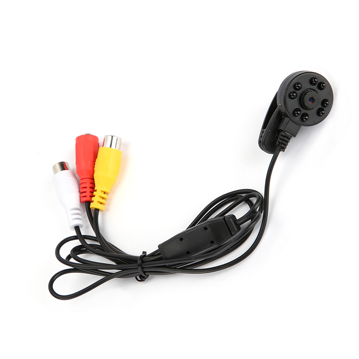 Kleine schwarze Kamera mit Cinch-Anschlüssen und USB-Anschluss.