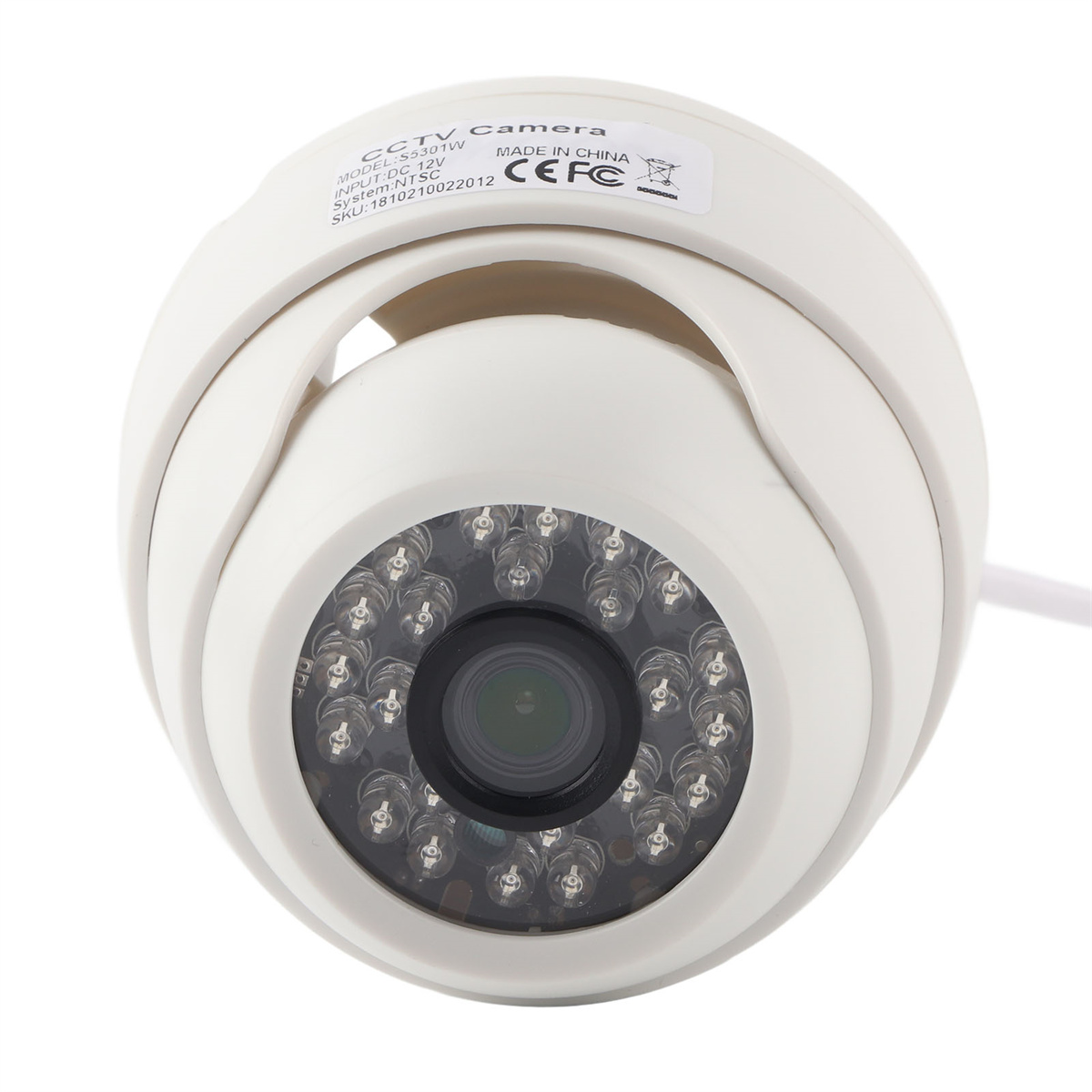 Weiße CCTV-Kamera mit kreisförmigem Design und vielen Infrarot-LEDs.