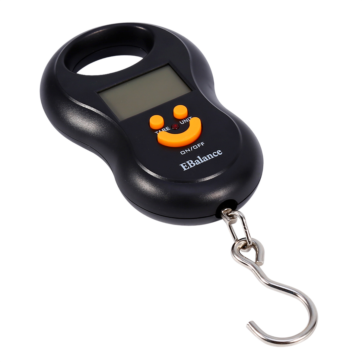 Schwarze Handwaage mit orangefarbenem Bildschirm, Haken und Ring. Hat 'EBalance' auf der Vorderseite.