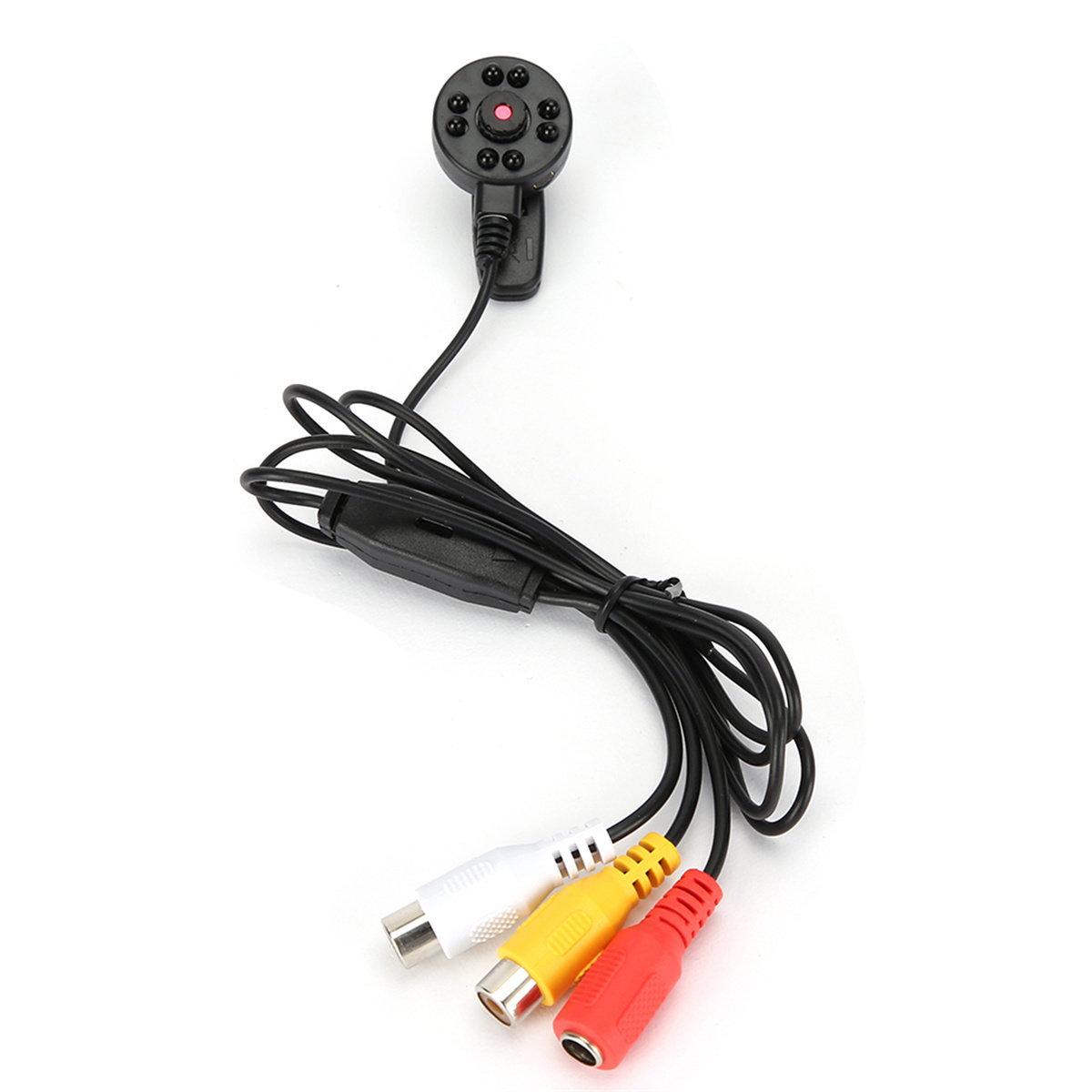 Schwarze Kamera mit farbigen Steckern. Rote, gelbe und weiße Stecker. Schwarzes Kabel.